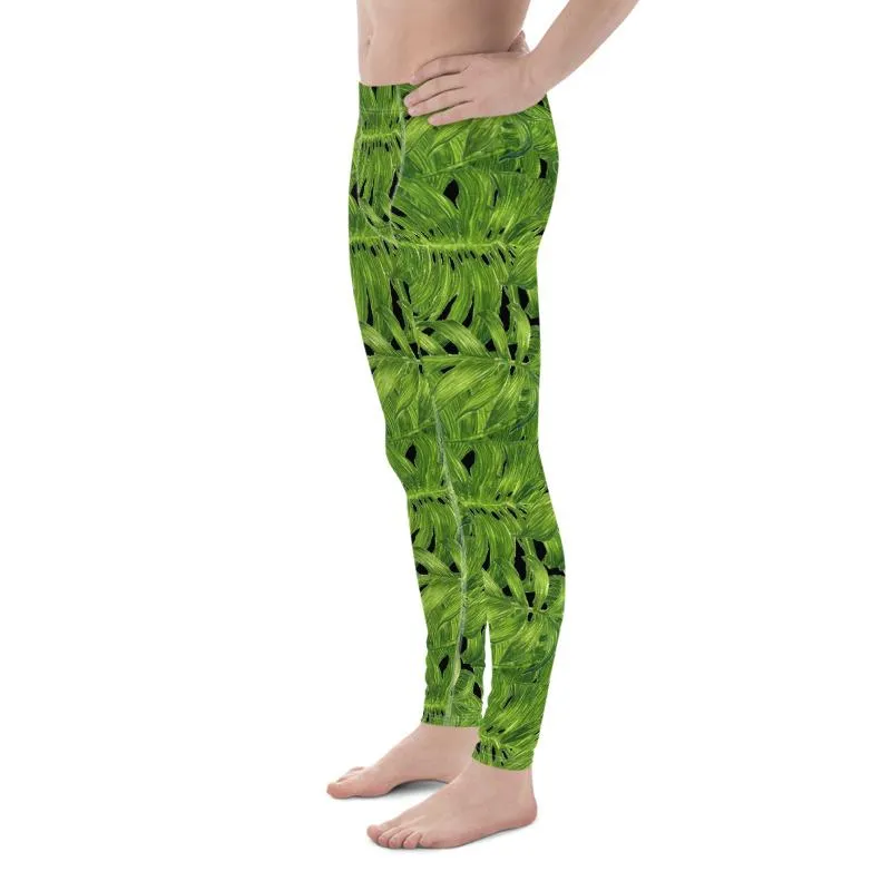 Palm Leaf Men's Tights, Hawaiian Style Black Green Tropical Leaf Print Men's Leggings Meggings- Made in USA/EU