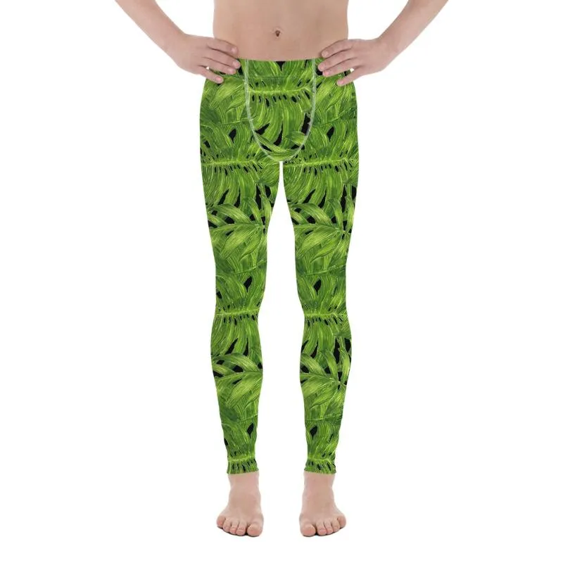 Palm Leaf Men's Tights, Hawaiian Style Black Green Tropical Leaf Print Men's Leggings Meggings- Made in USA/EU