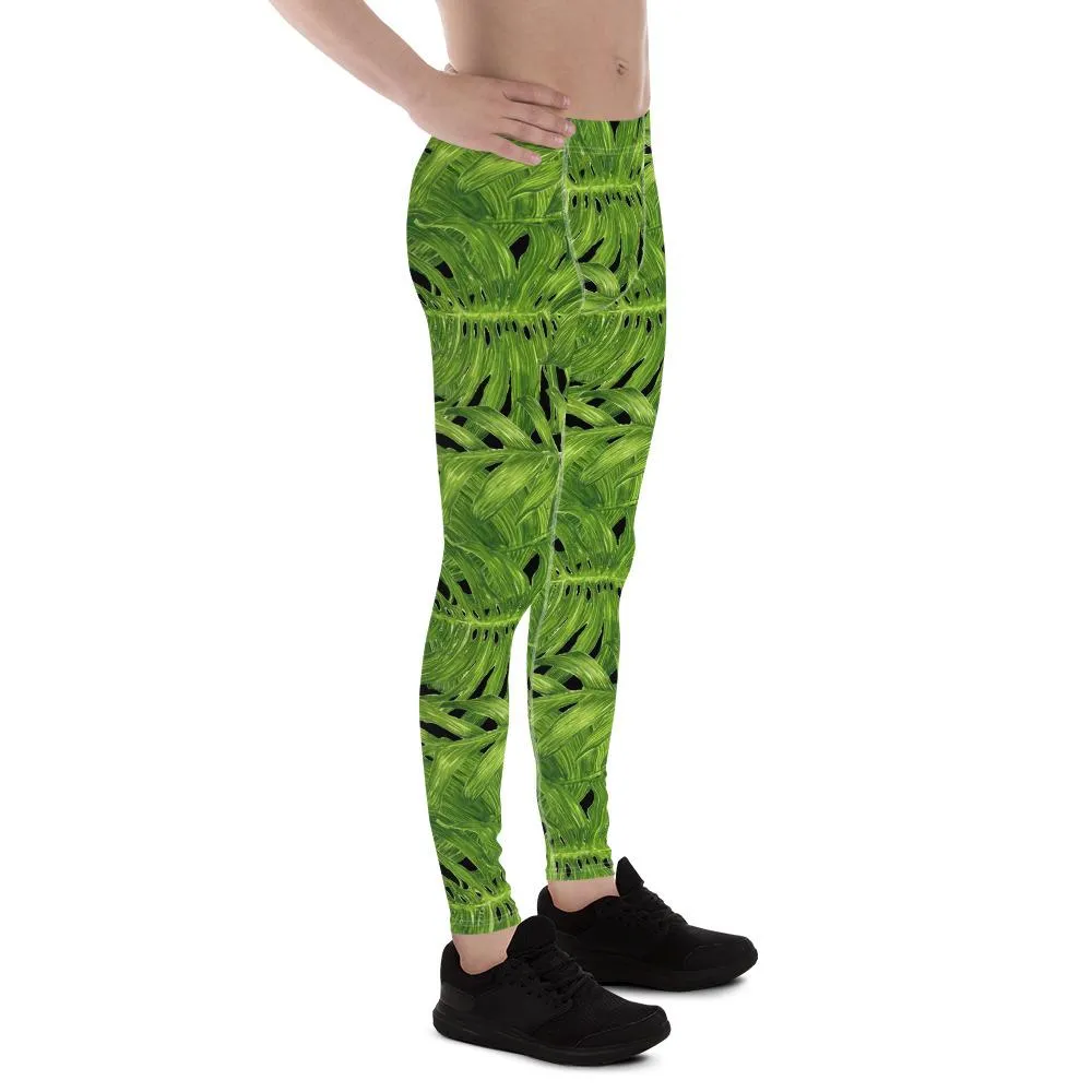 Palm Leaf Men's Tights, Hawaiian Style Black Green Tropical Leaf Print Men's Leggings Meggings- Made in USA/EU