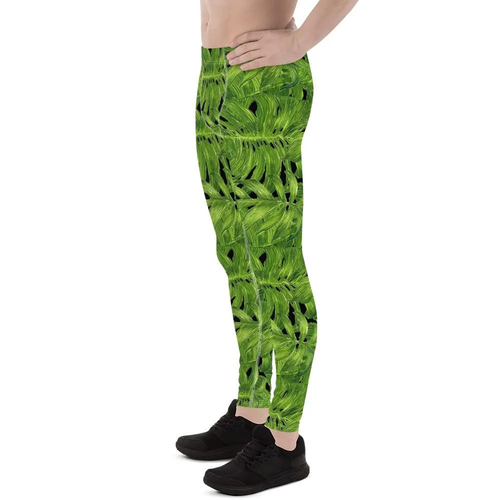 Palm Leaf Men's Tights, Hawaiian Style Black Green Tropical Leaf Print Men's Leggings Meggings- Made in USA/EU