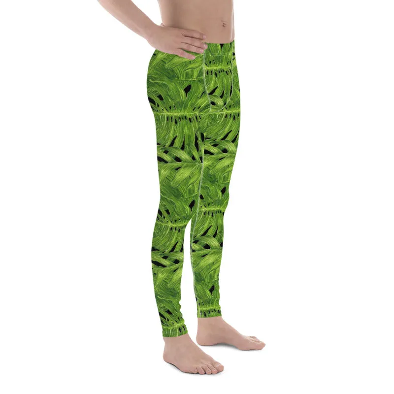 Palm Leaf Men's Tights, Hawaiian Style Black Green Tropical Leaf Print Men's Leggings Meggings- Made in USA/EU