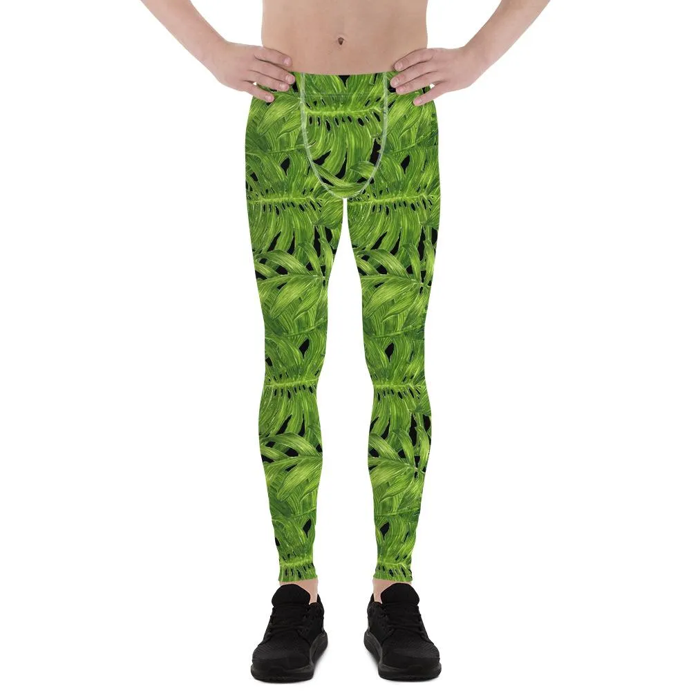 Palm Leaf Men's Tights, Hawaiian Style Black Green Tropical Leaf Print Men's Leggings Meggings- Made in USA/EU