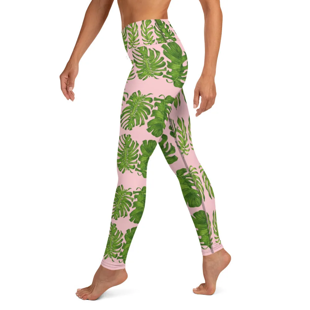 Pink Tropical Leaf Yoga Leggings, Light Pink Hawaiian Style Print Women's Long Tights-Made in USA/EU