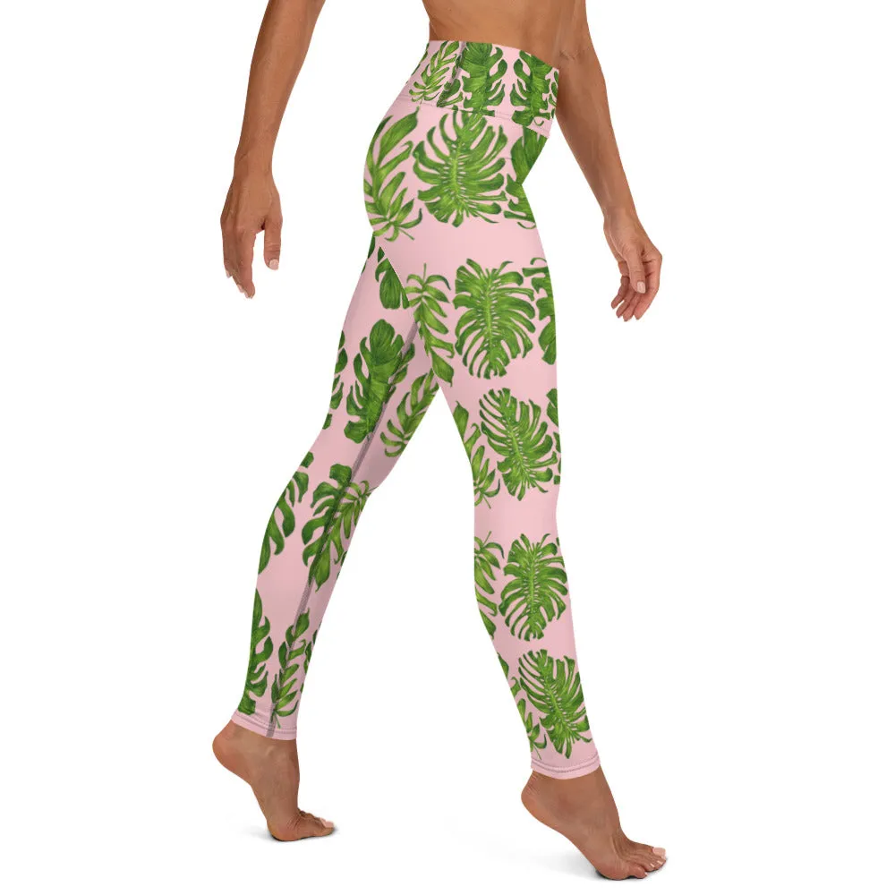 Pink Tropical Leaf Yoga Leggings, Light Pink Hawaiian Style Print Women's Long Tights-Made in USA/EU