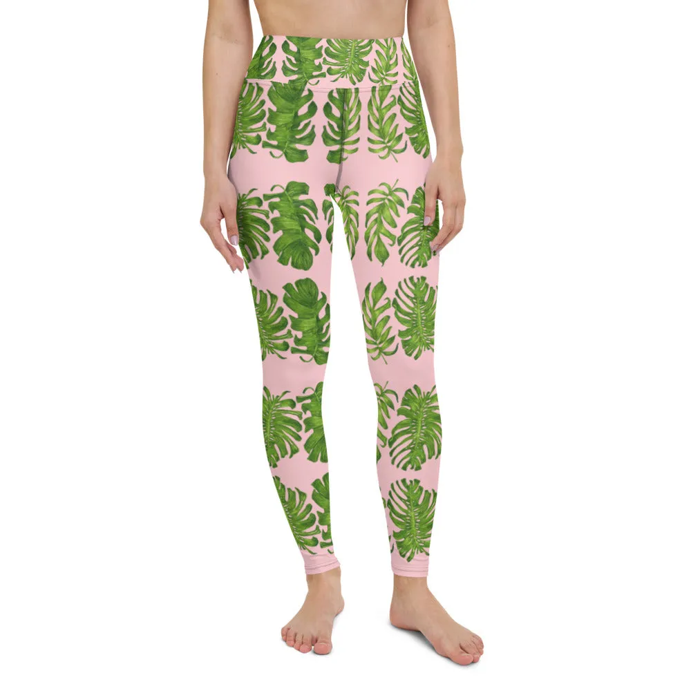 Pink Tropical Leaf Yoga Leggings, Light Pink Hawaiian Style Print Women's Long Tights-Made in USA/EU