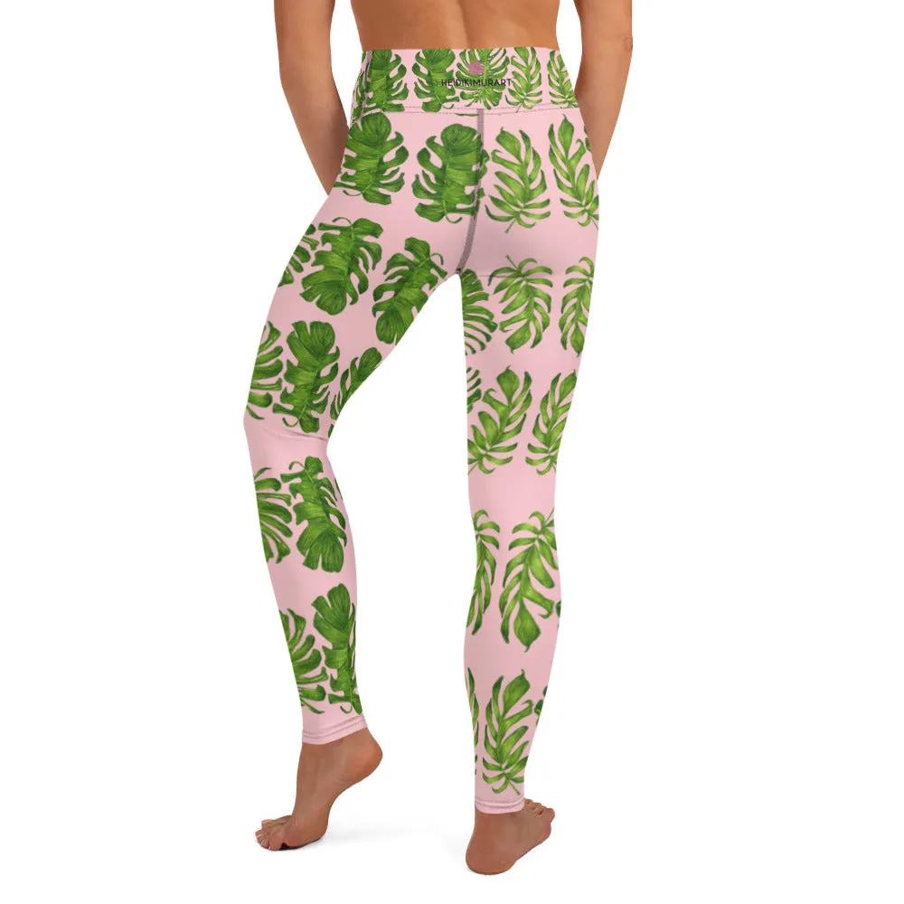 Pink Tropical Leaf Yoga Leggings, Light Pink Hawaiian Style Print Women's Long Tights-Made in USA/EU