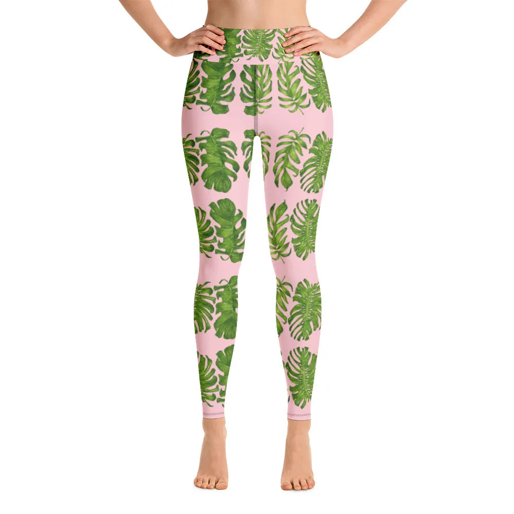 Pink Tropical Leaf Yoga Leggings, Light Pink Hawaiian Style Print Women's Long Tights-Made in USA/EU