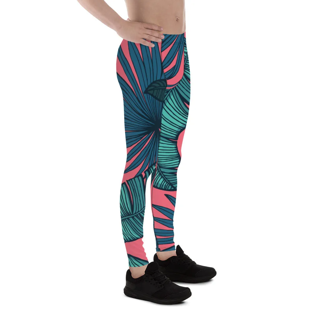 Pink Tropical Leaves Men's Leggings, Green Palm Leaf Men's Sports Running Tights - Made in USA/EU/MX