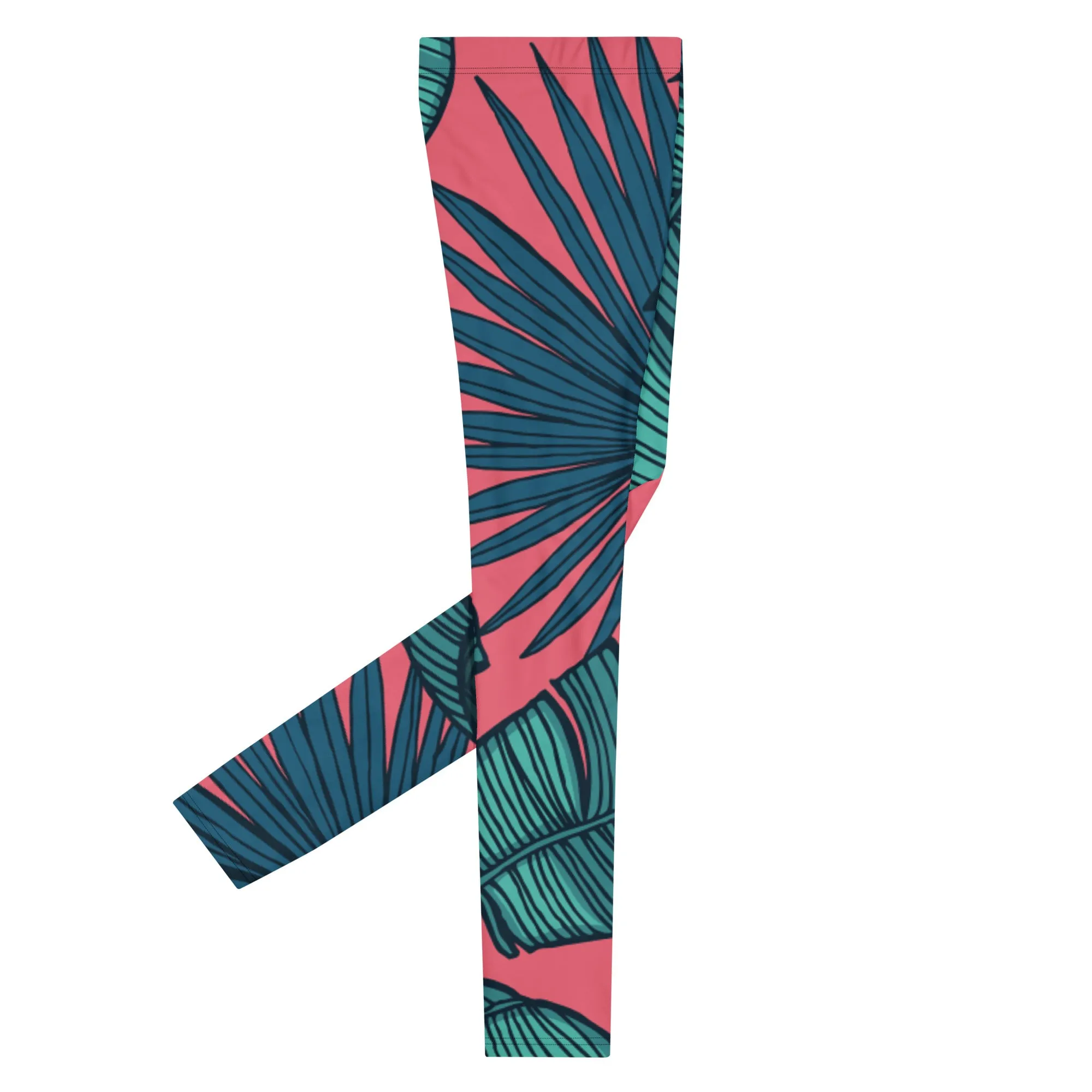 Pink Tropical Leaves Men's Leggings, Green Palm Leaf Men's Sports Running Tights - Made in USA/EU/MX