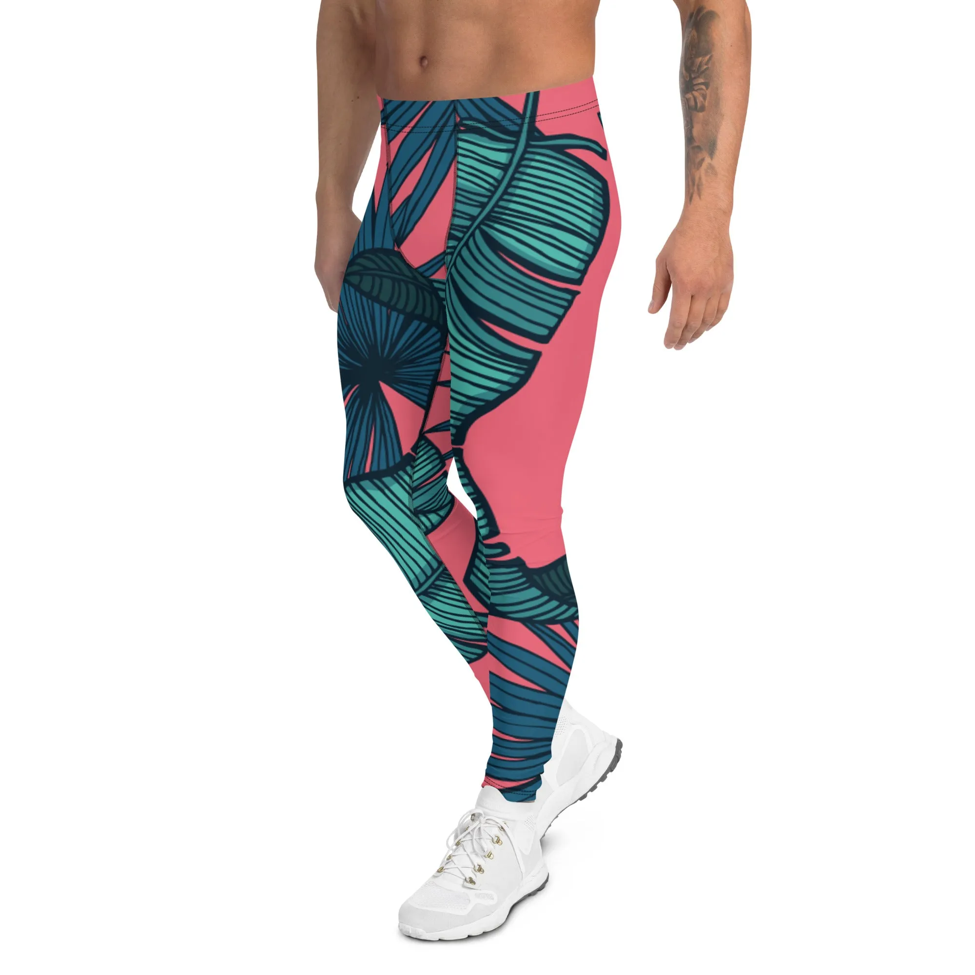 Pink Tropical Leaves Men's Leggings, Green Palm Leaf Men's Sports Running Tights - Made in USA/EU/MX