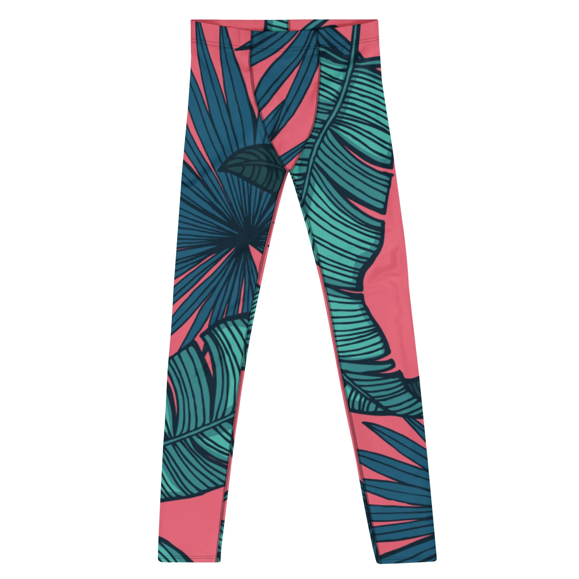 Pink Tropical Leaves Men's Leggings, Green Palm Leaf Men's Sports Running Tights - Made in USA/EU/MX