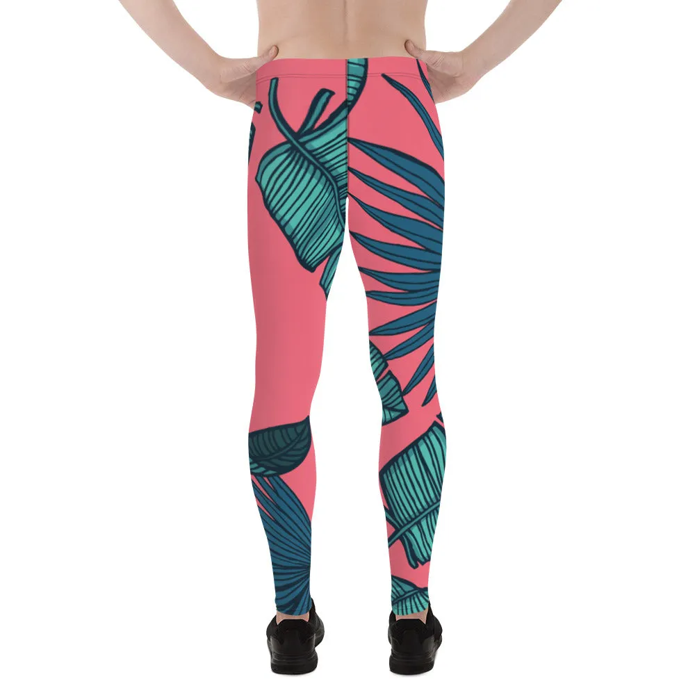 Pink Tropical Leaves Men's Leggings, Green Palm Leaf Men's Sports Running Tights - Made in USA/EU/MX