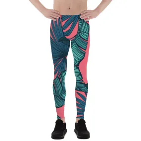 Pink Tropical Leaves Men's Leggings, Green Palm Leaf Men's Sports Running Tights - Made in USA/EU/MX