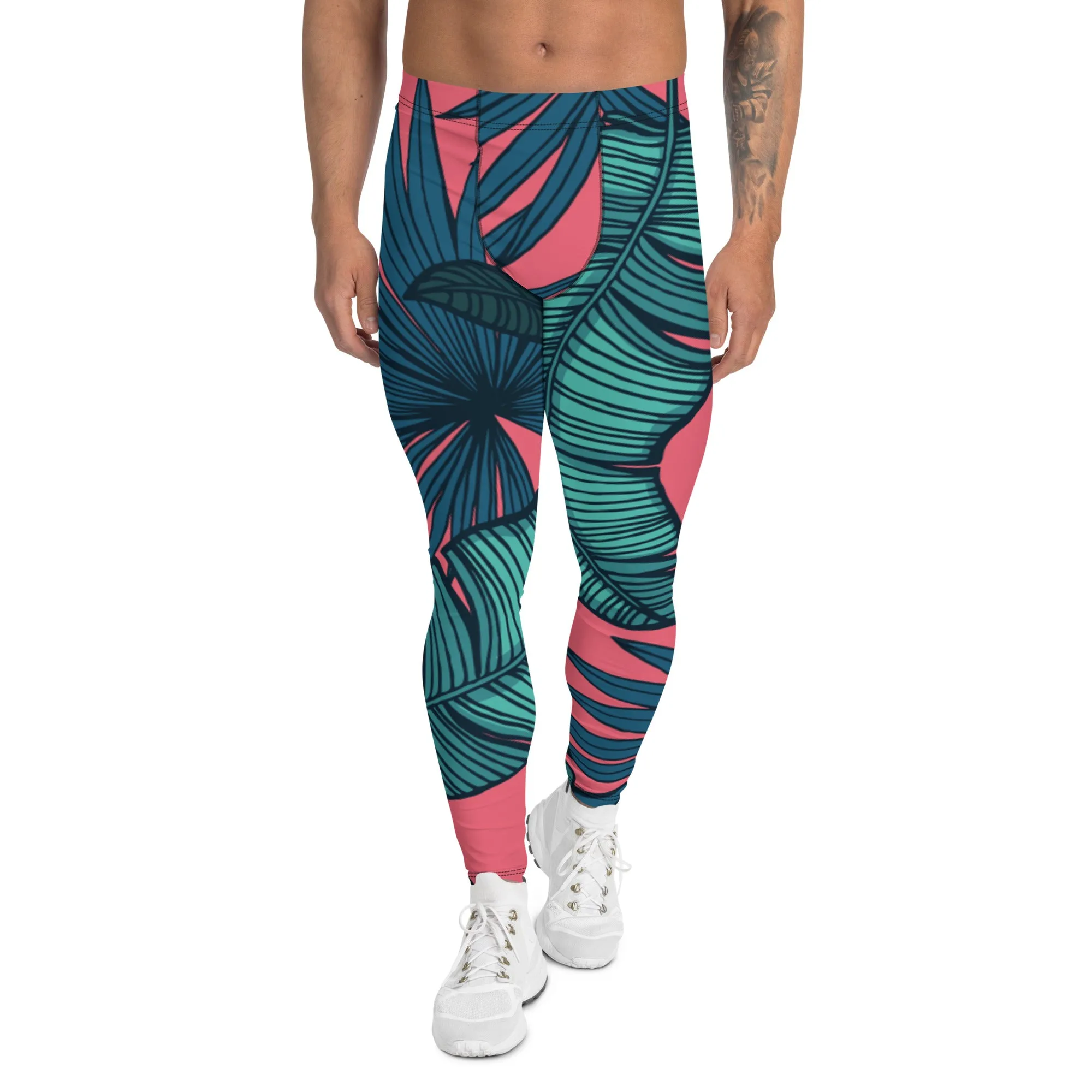 Pink Tropical Leaves Men's Leggings, Green Palm Leaf Men's Sports Running Tights - Made in USA/EU/MX