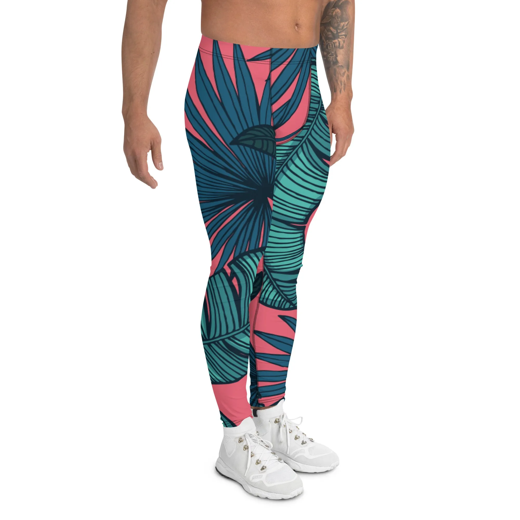 Pink Tropical Leaves Men's Leggings, Green Palm Leaf Men's Sports Running Tights - Made in USA/EU/MX