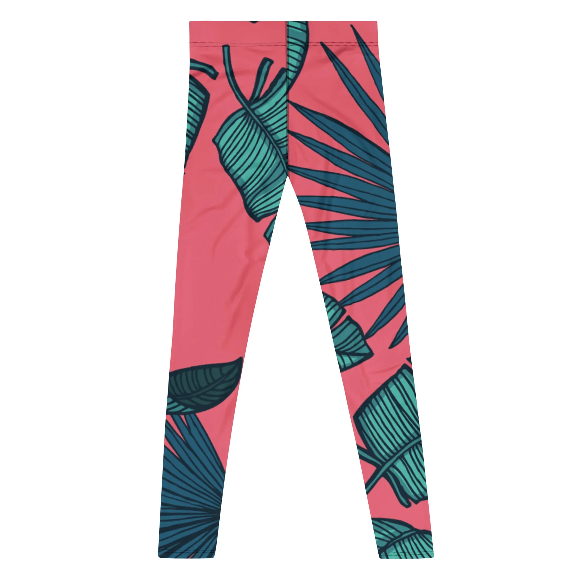 Pink Tropical Leaves Men's Leggings, Green Palm Leaf Men's Sports Running Tights - Made in USA/EU/MX