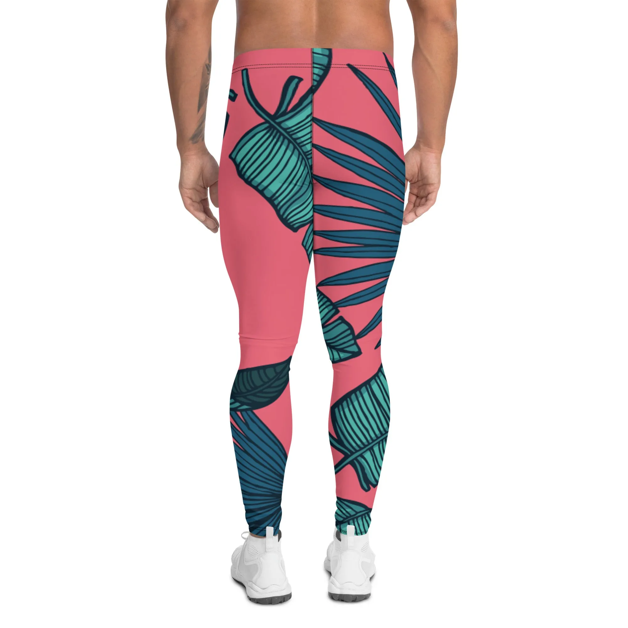 Pink Tropical Leaves Men's Leggings, Green Palm Leaf Men's Sports Running Tights - Made in USA/EU/MX