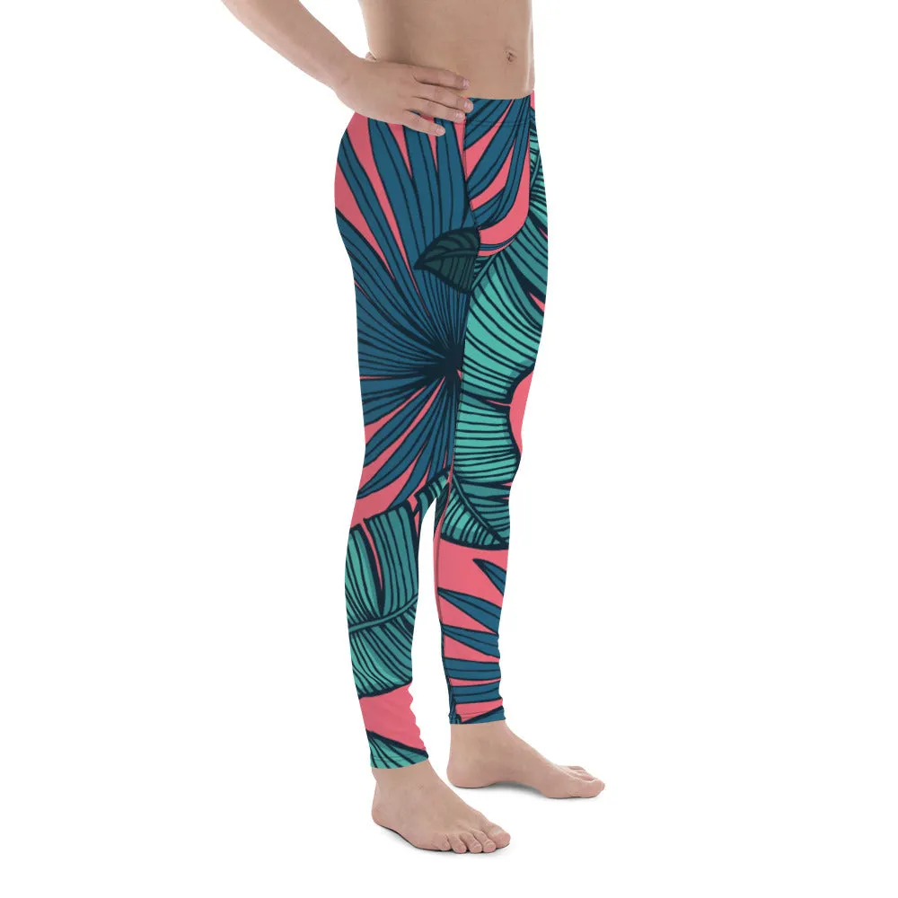 Pink Tropical Leaves Men's Leggings, Green Palm Leaf Men's Sports Running Tights - Made in USA/EU/MX