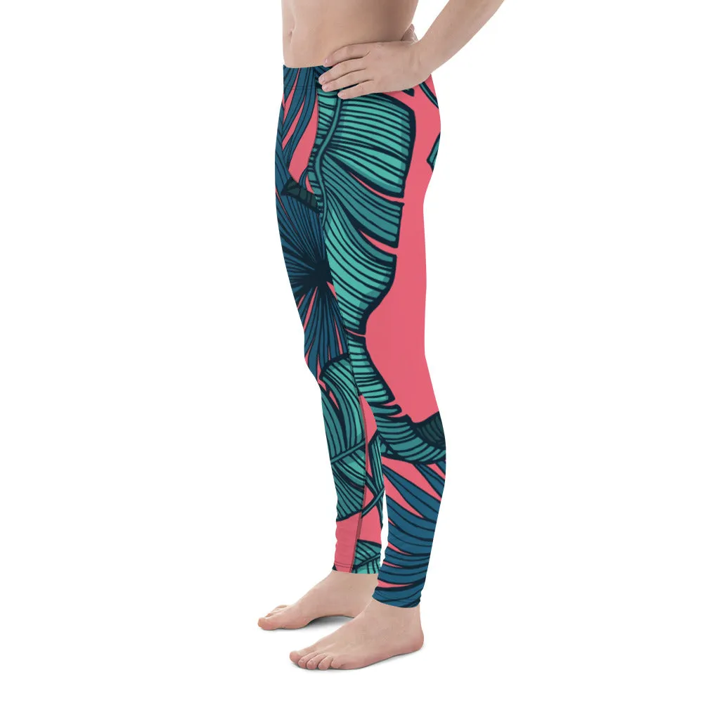 Pink Tropical Leaves Men's Leggings, Green Palm Leaf Men's Sports Running Tights - Made in USA/EU/MX