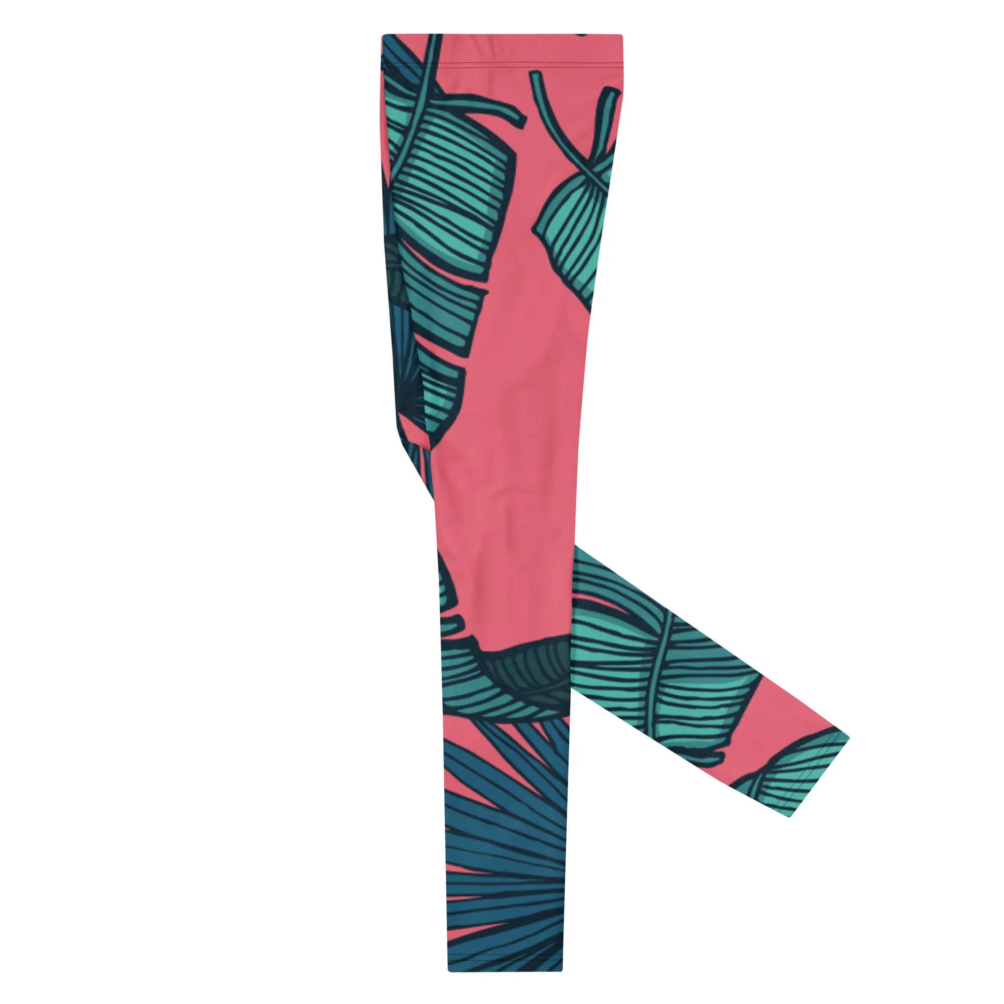 Pink Tropical Leaves Men's Leggings, Green Palm Leaf Men's Sports Running Tights - Made in USA/EU/MX