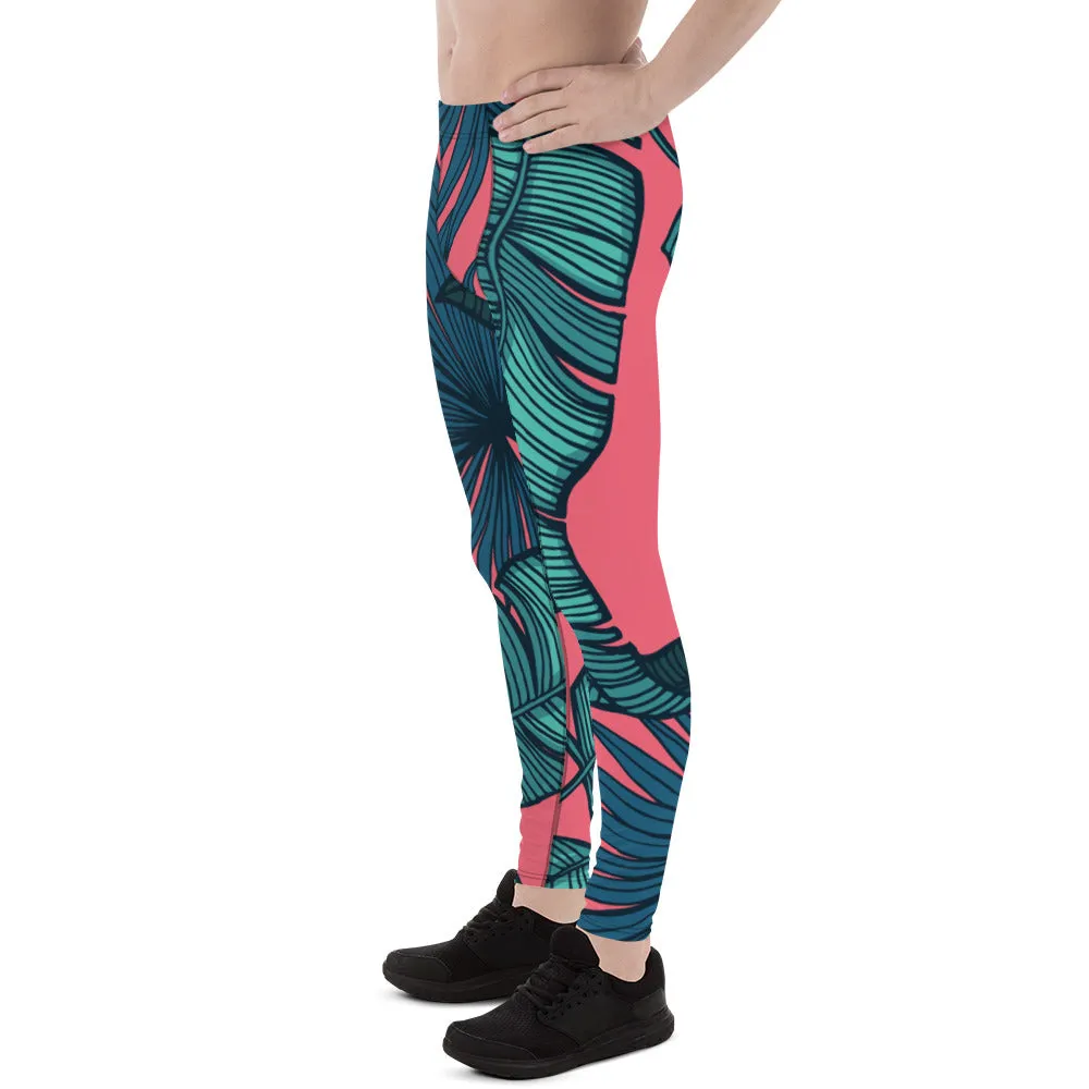 Pink Tropical Leaves Men's Leggings, Green Palm Leaf Men's Sports Running Tights - Made in USA/EU/MX