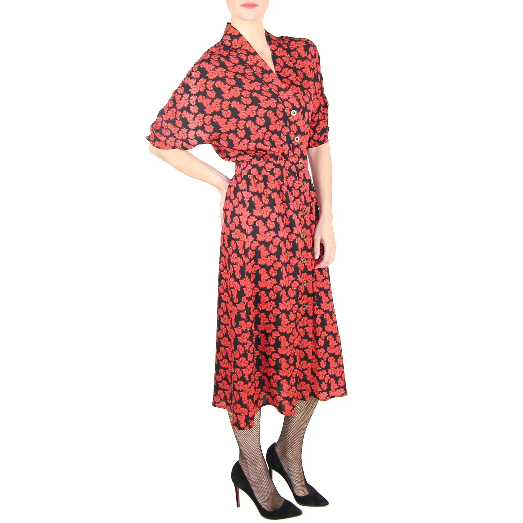 Placket Midi Shirtdress in Red Fish Print