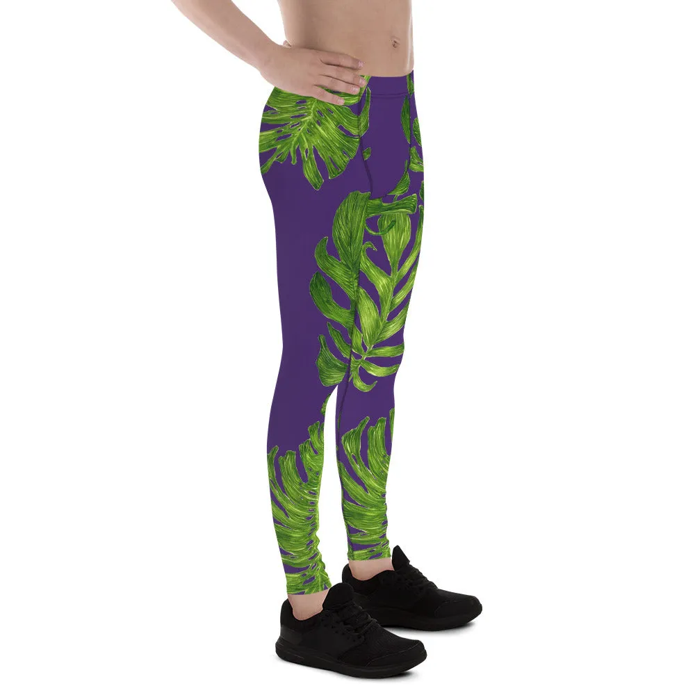 Purple Green Tropical Leaf Print Men's Leggings Tight Pants -Made in USA(US Size: XS-3XL)