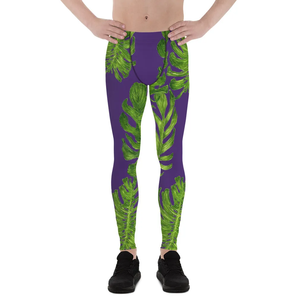 Purple Green Tropical Leaf Print Men's Leggings Tight Pants -Made in USA(US Size: XS-3XL)