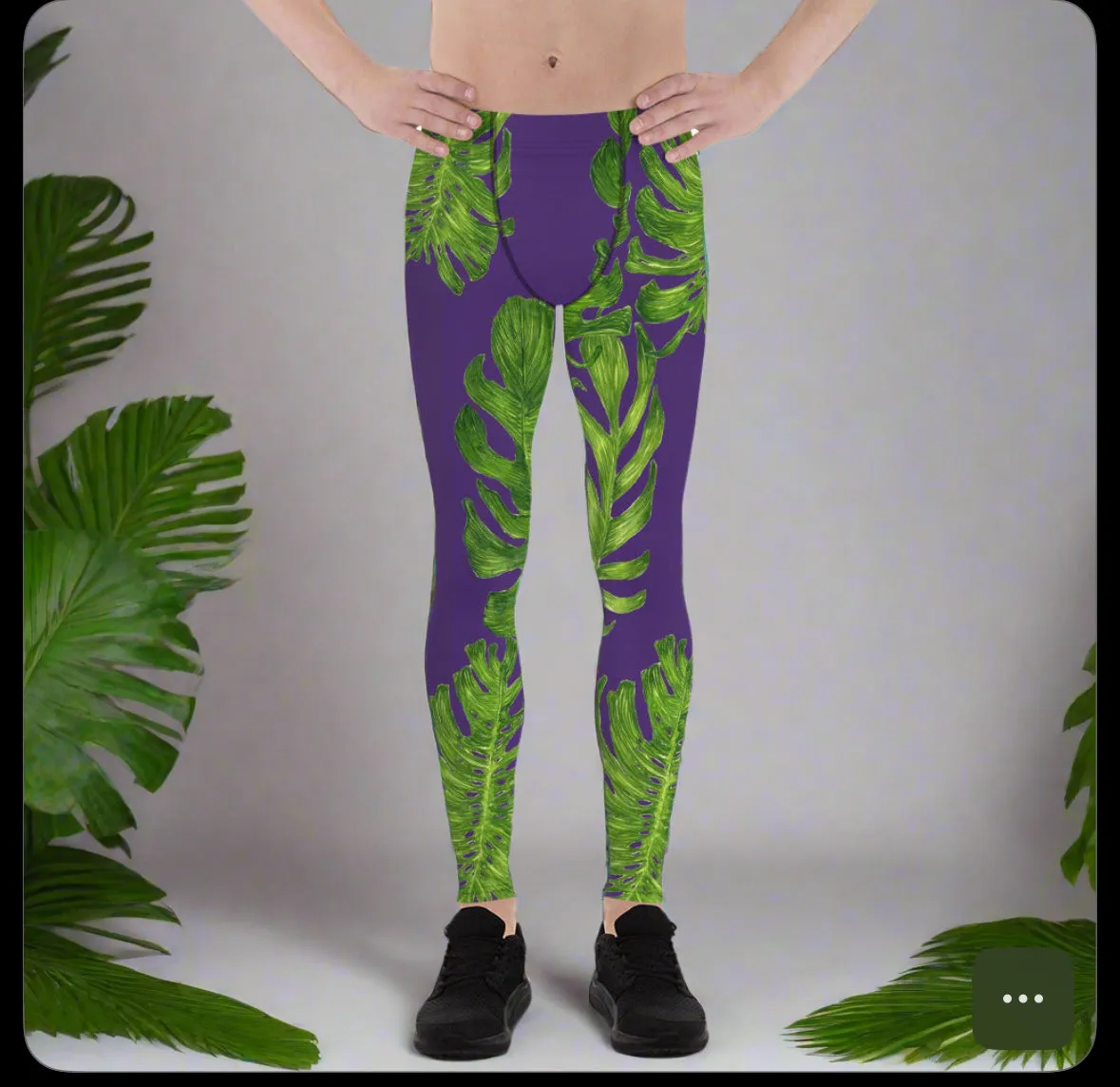 Purple Green Tropical Leaf Print Men's Leggings Tight Pants -Made in USA(US Size: XS-3XL)