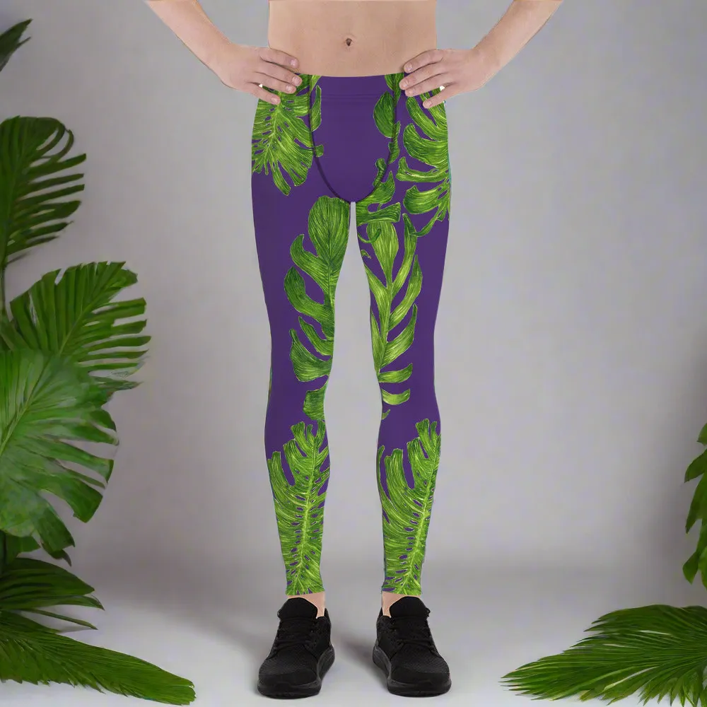 Purple Green Tropical Leaf Print Men's Leggings Tight Pants -Made in USA(US Size: XS-3XL)