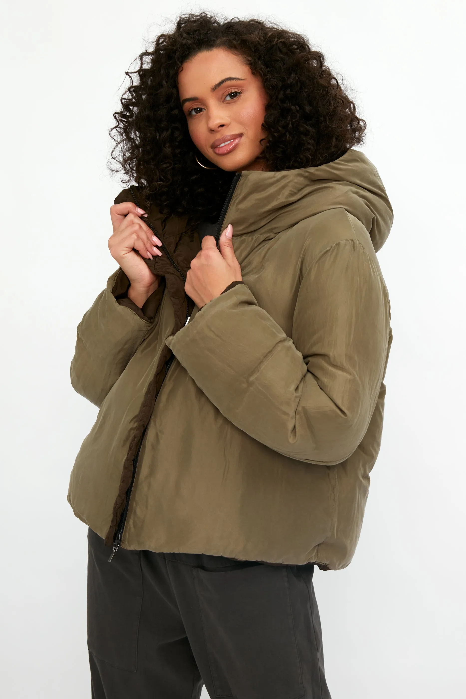 Reversible Hooded Down Coat Jacket in Mud