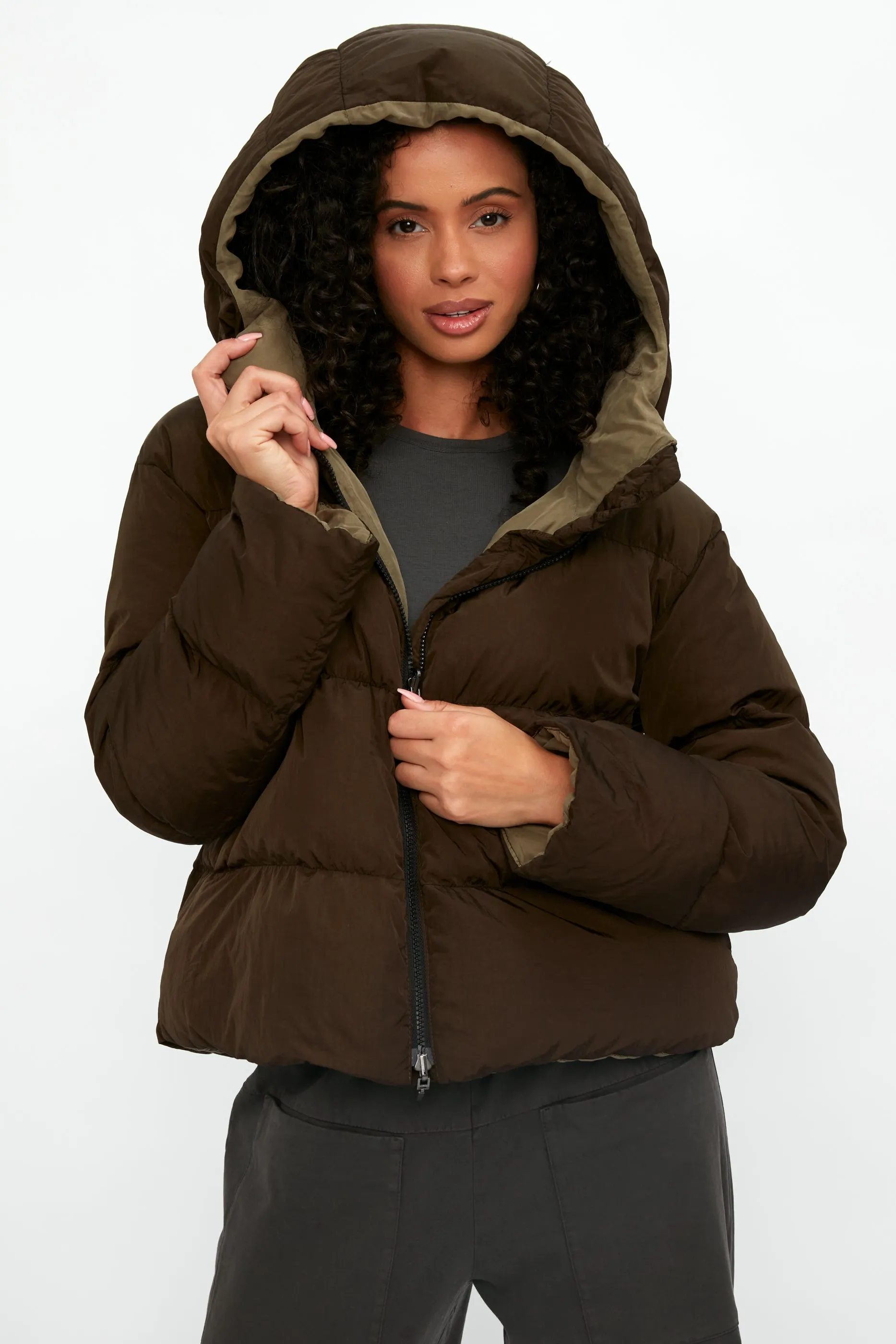 Reversible Hooded Down Coat Jacket in Mud