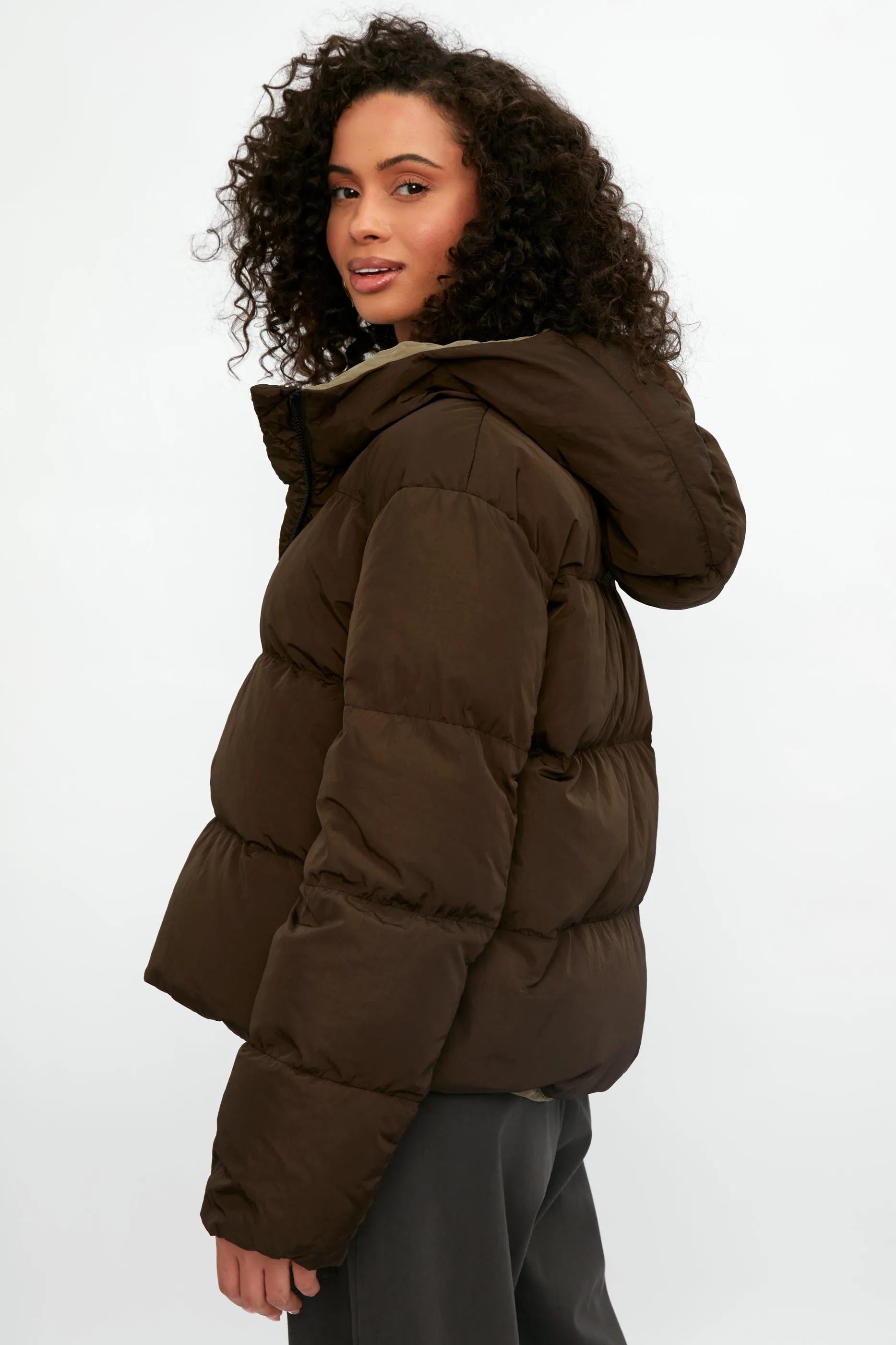 Reversible Hooded Down Coat Jacket in Mud