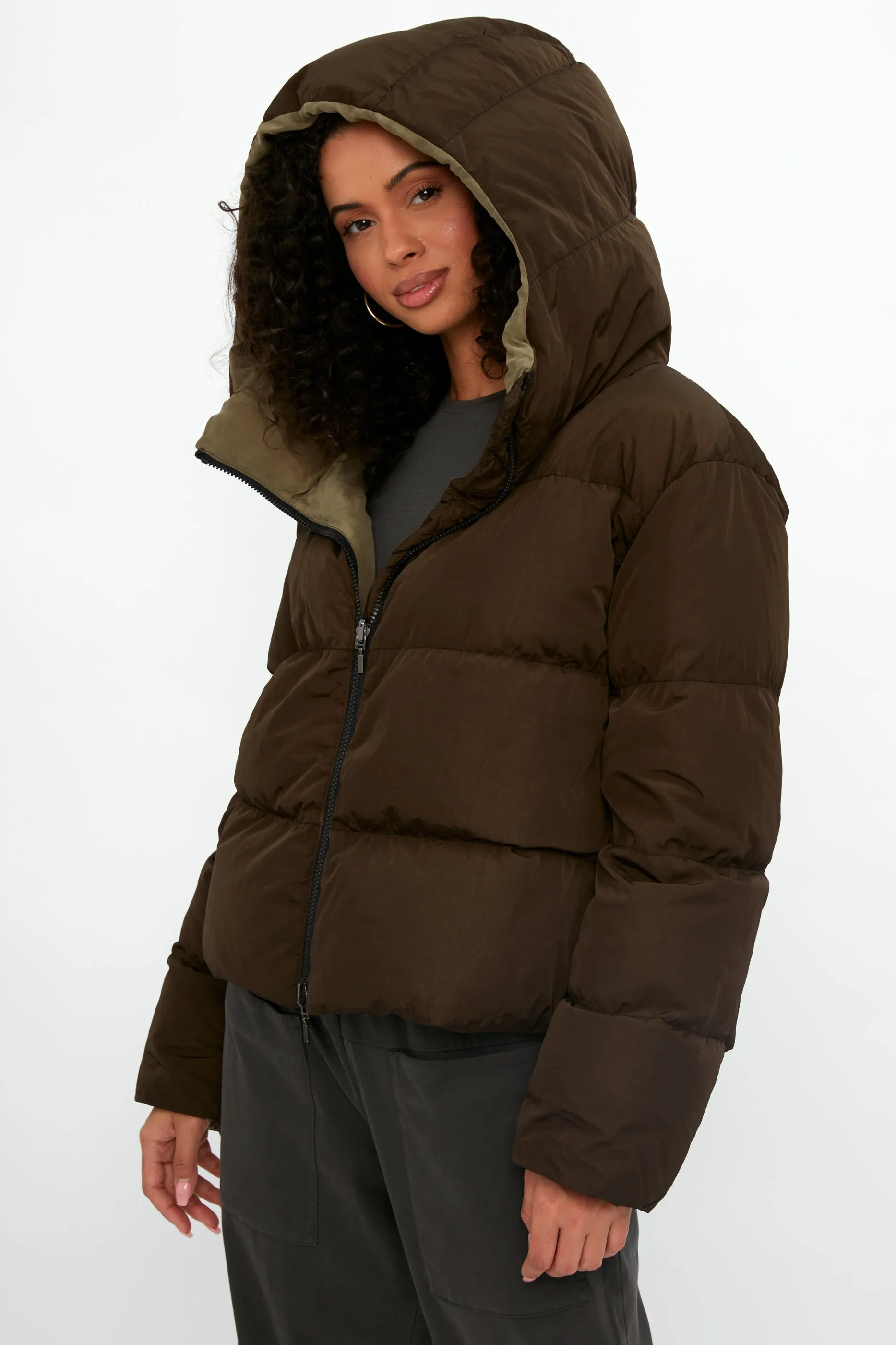 Reversible Hooded Down Coat Jacket in Mud