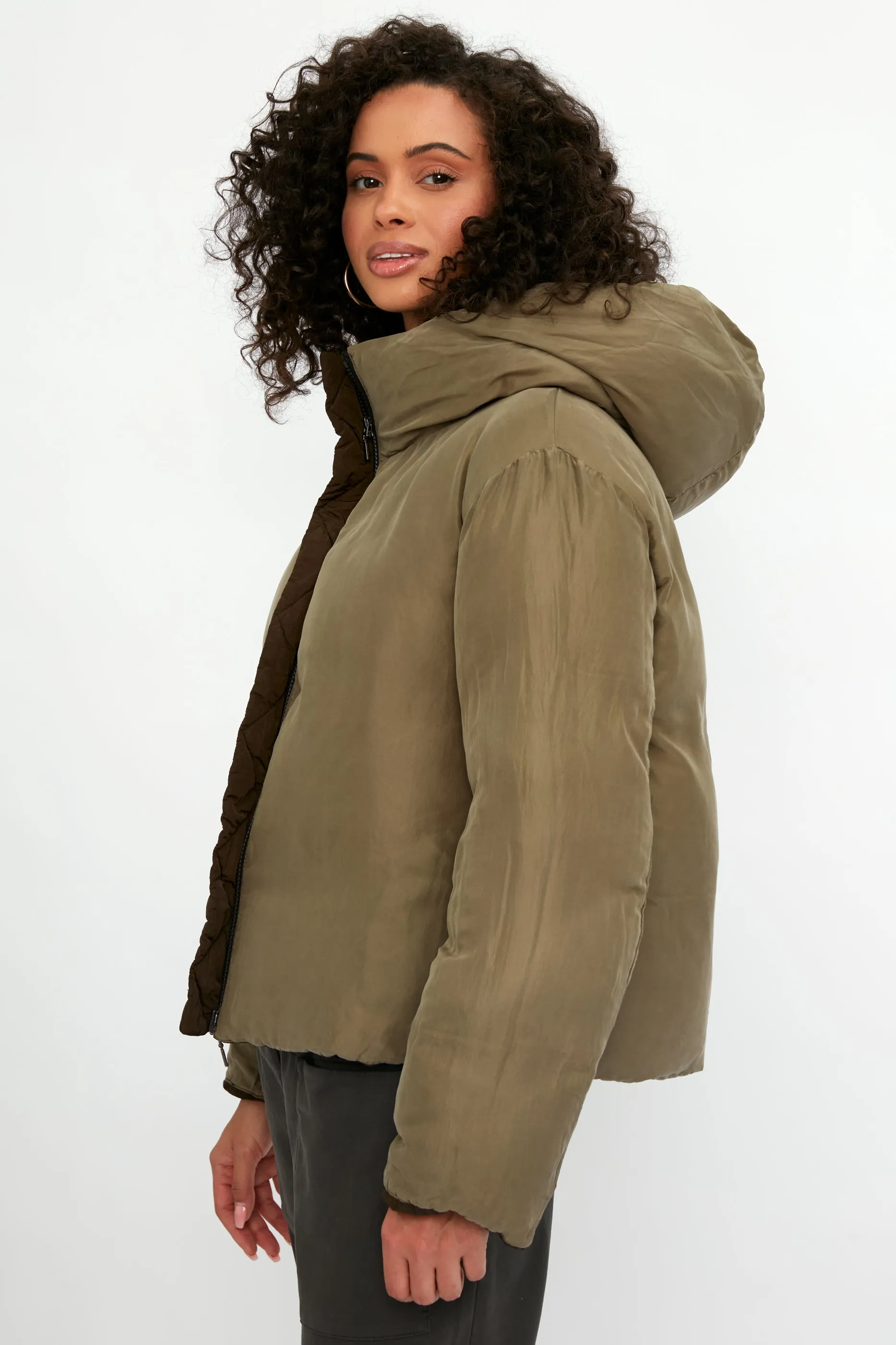 Reversible Hooded Down Coat Jacket in Mud