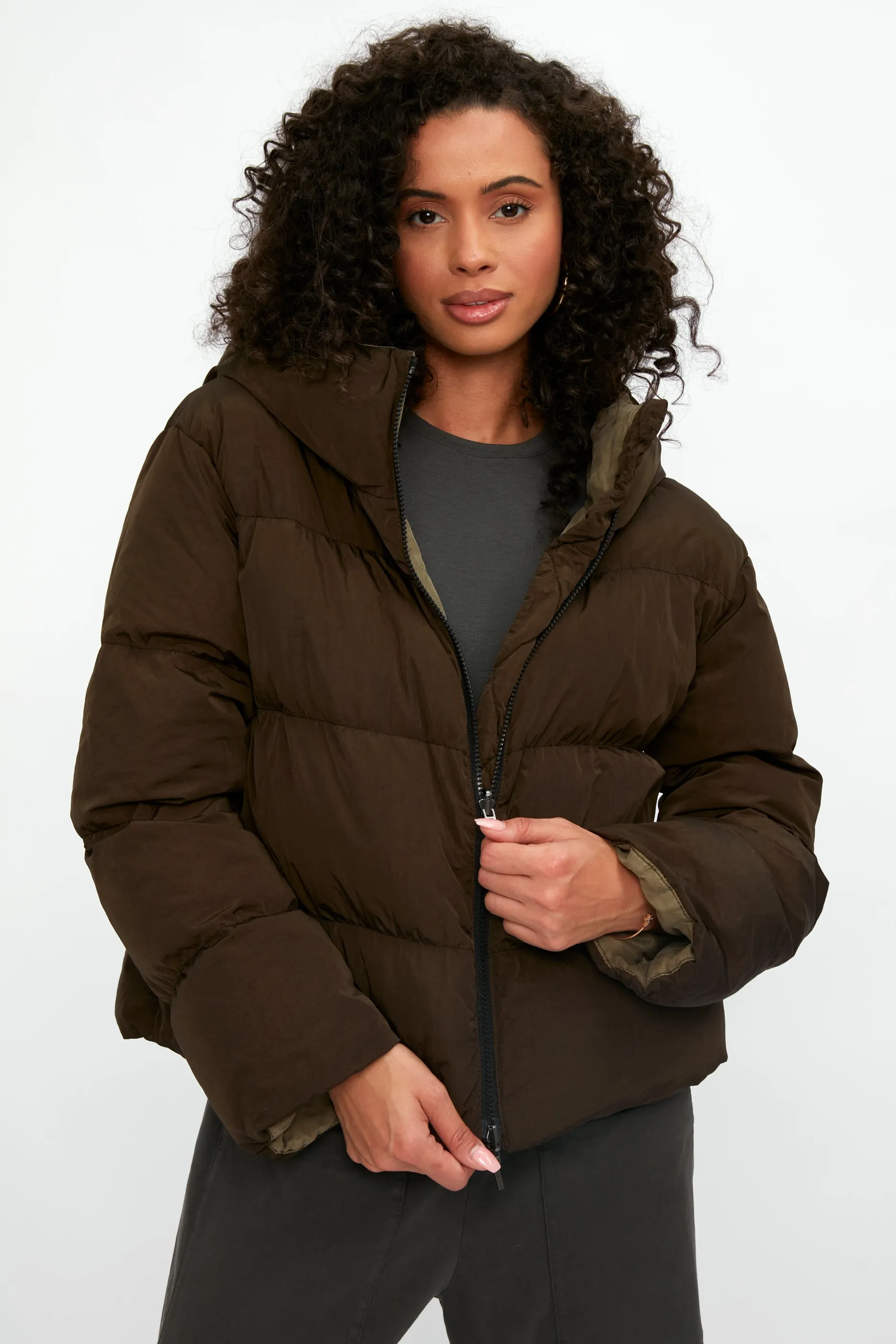 Reversible Hooded Down Coat Jacket in Mud