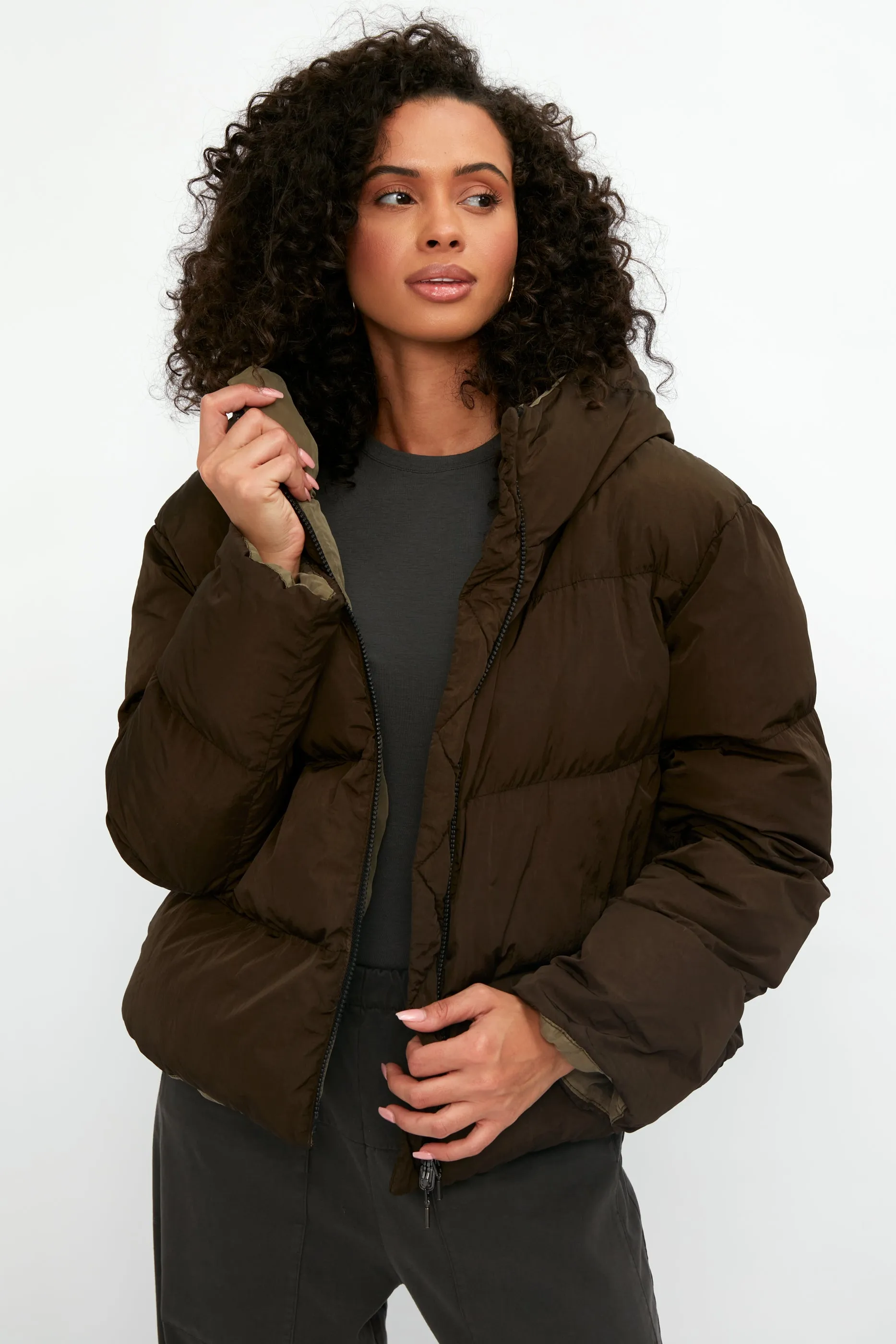 Reversible Hooded Down Coat Jacket in Mud