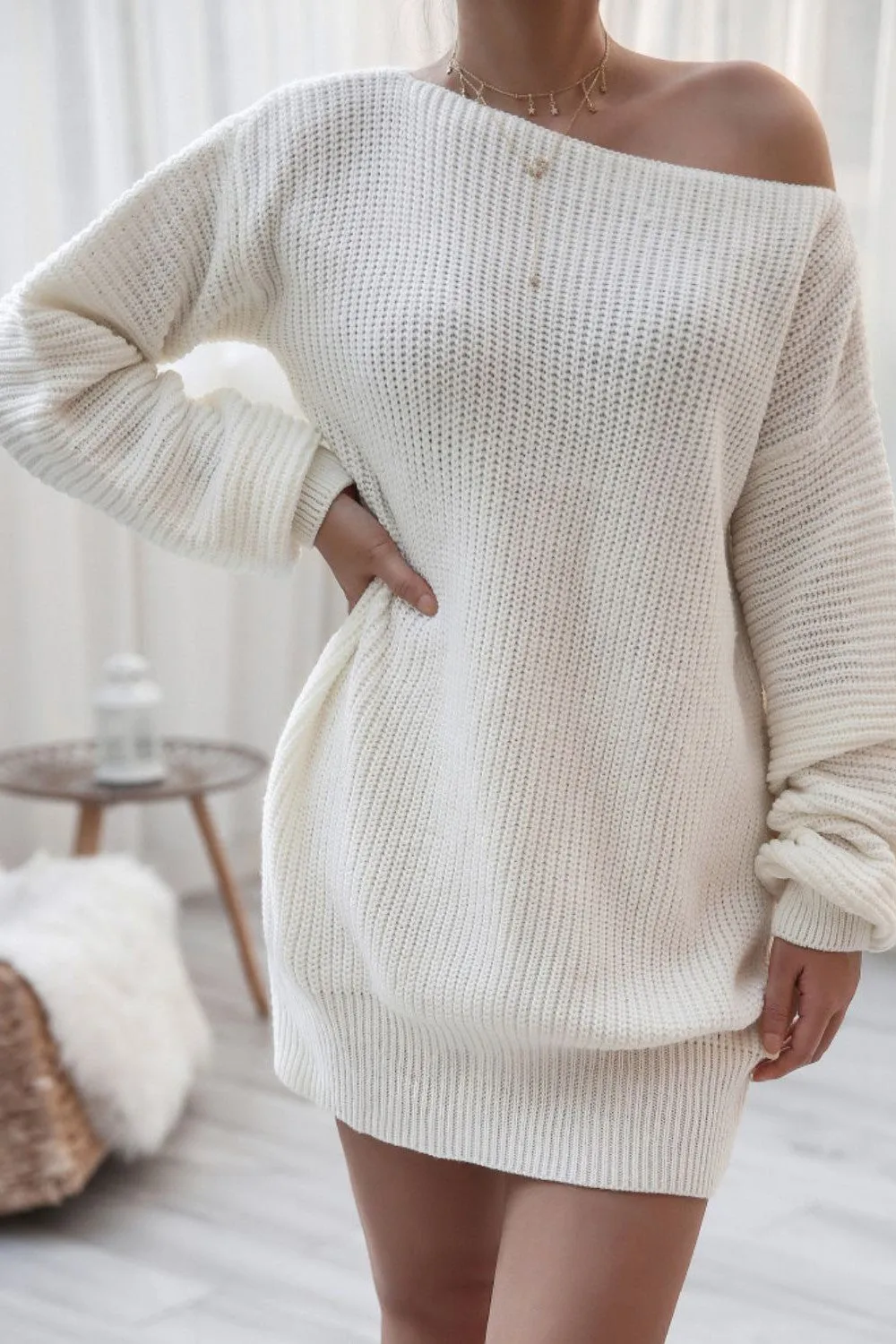 Rib-Knit Balloon Sleeve Boat Neck Sweater Dress