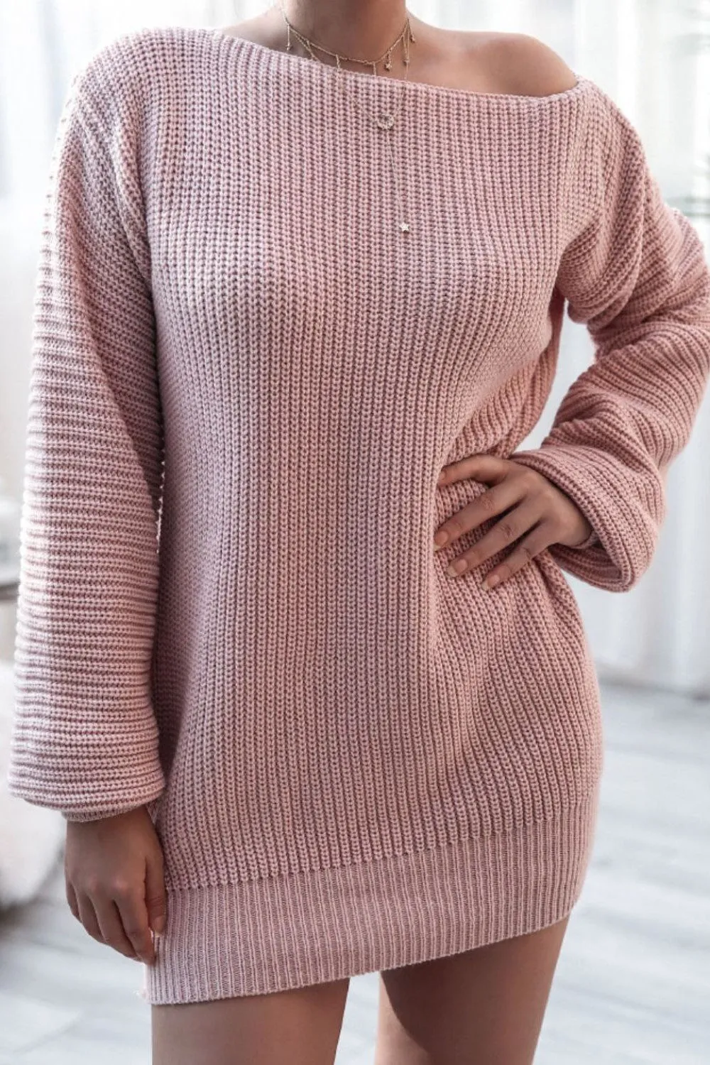 Rib-Knit Balloon Sleeve Boat Neck Sweater Dress