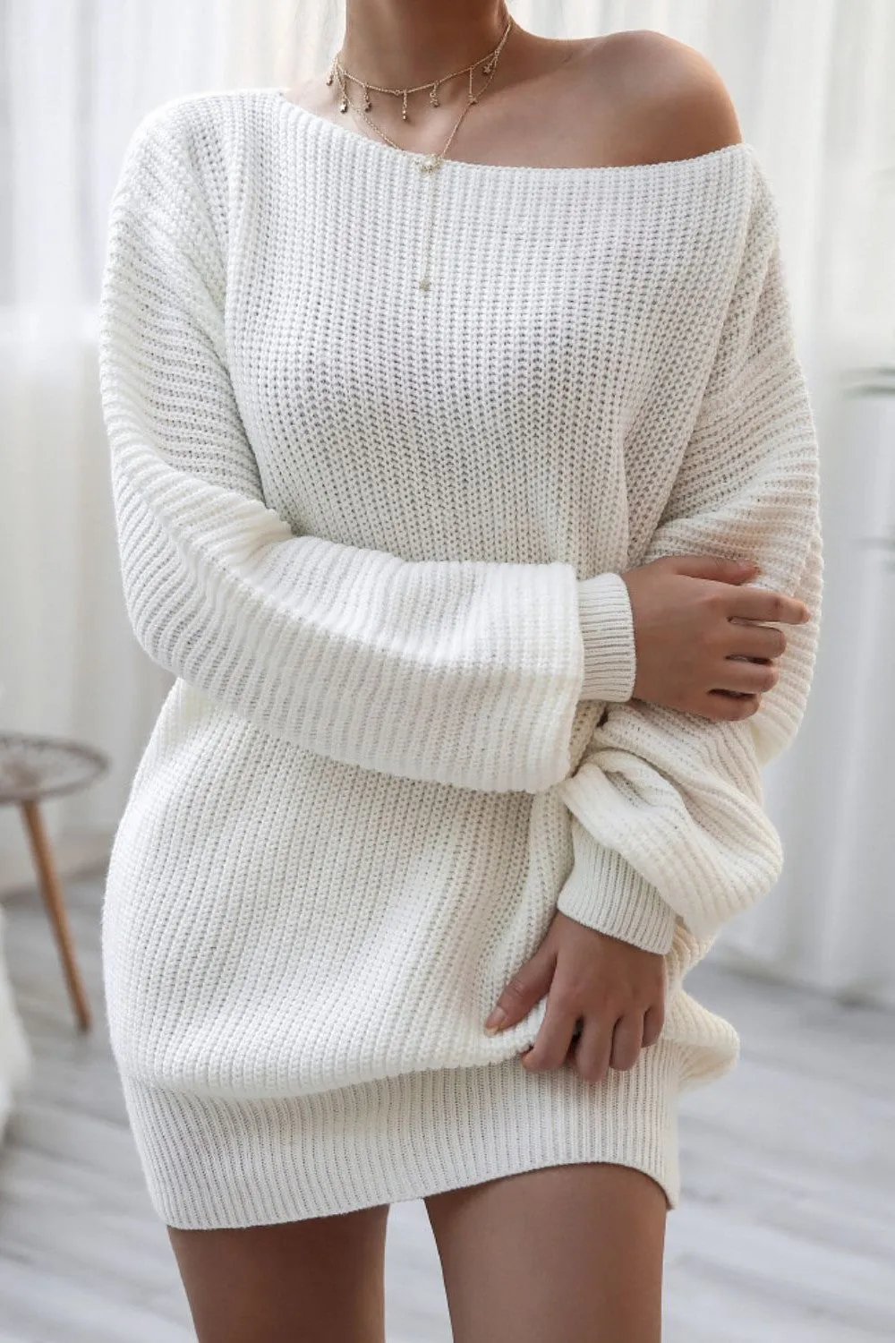 Rib-Knit Balloon Sleeve Boat Neck Sweater Dress