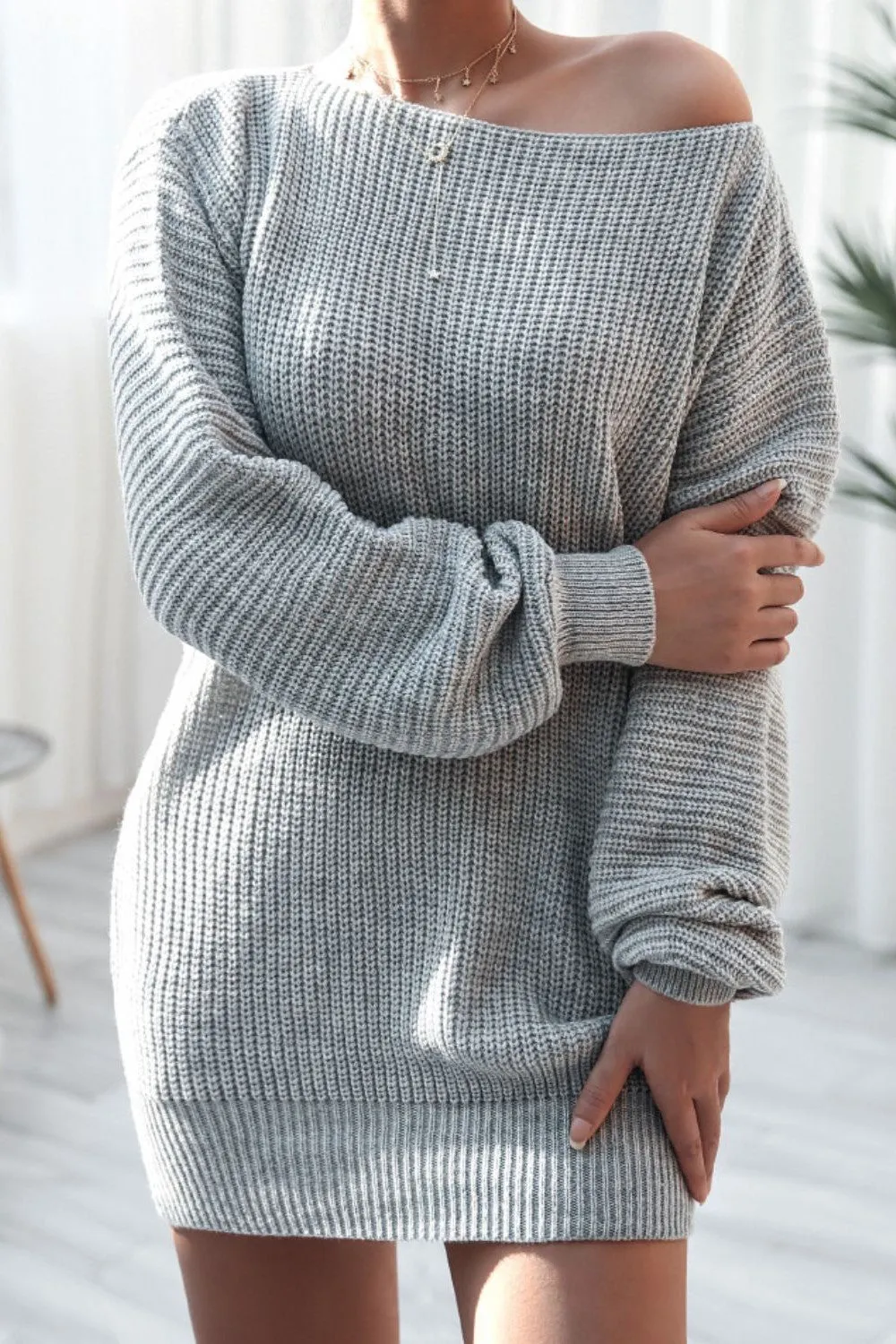 Rib-Knit Balloon Sleeve Boat Neck Sweater Dress