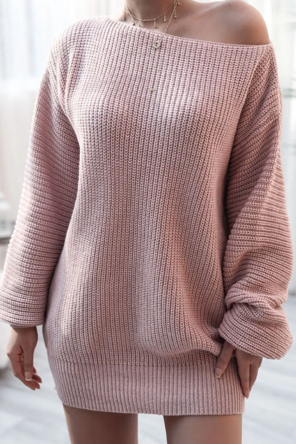 Rib-Knit Balloon Sleeve Boat Neck Sweater Dress