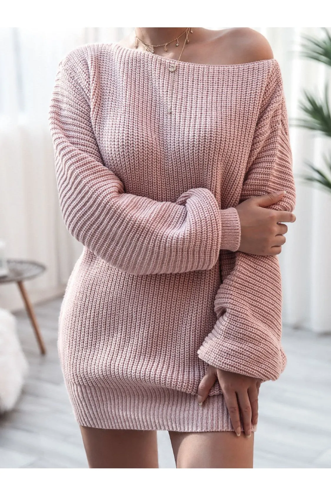 Rib-Knit Balloon Sleeve Boat Neck Sweater Dress