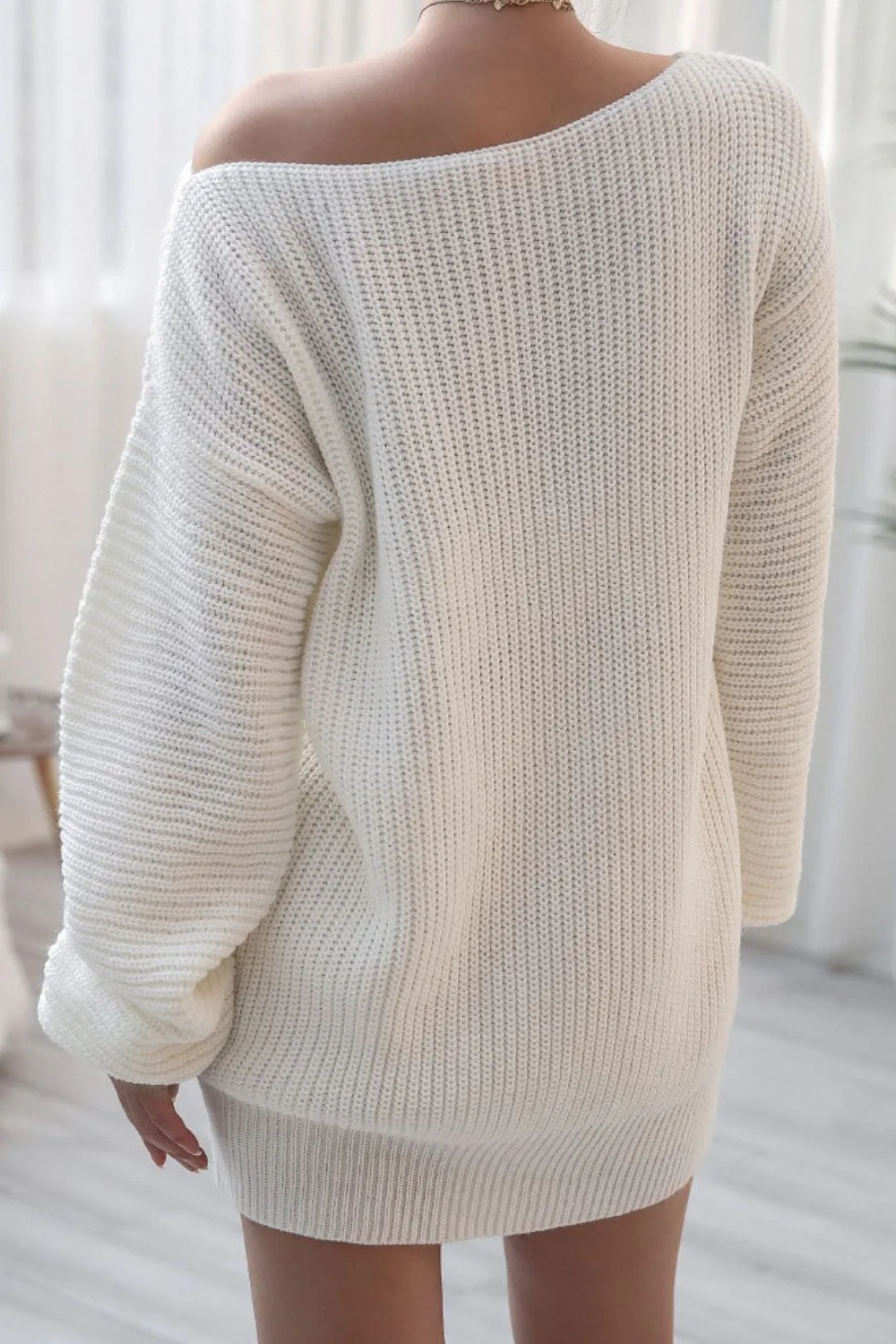 Rib-Knit Balloon Sleeve Boat Neck Sweater Dress