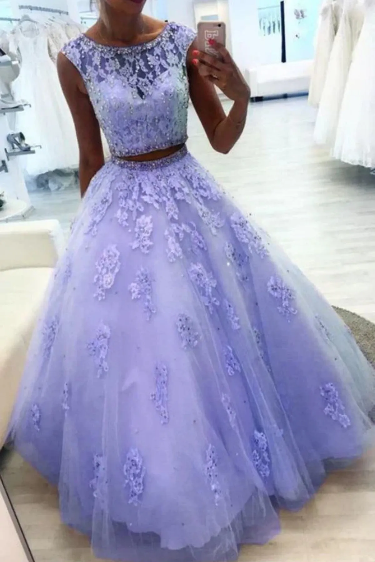 Round Neck Two Pieces Beaded Lavender Lace Long Prom Dress, 2 Pieces Lace Formal Dress, Lavender Lace Evening Dress A2224