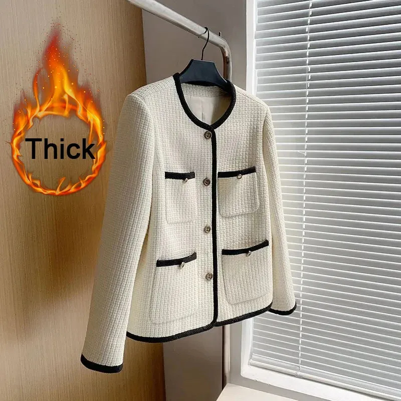 S-3Xl Elegant Tweed Jacket Women Black Cropped Quilted Coat Vintage Patchwork Outerwear Winter Ladies Commute Short Blazer