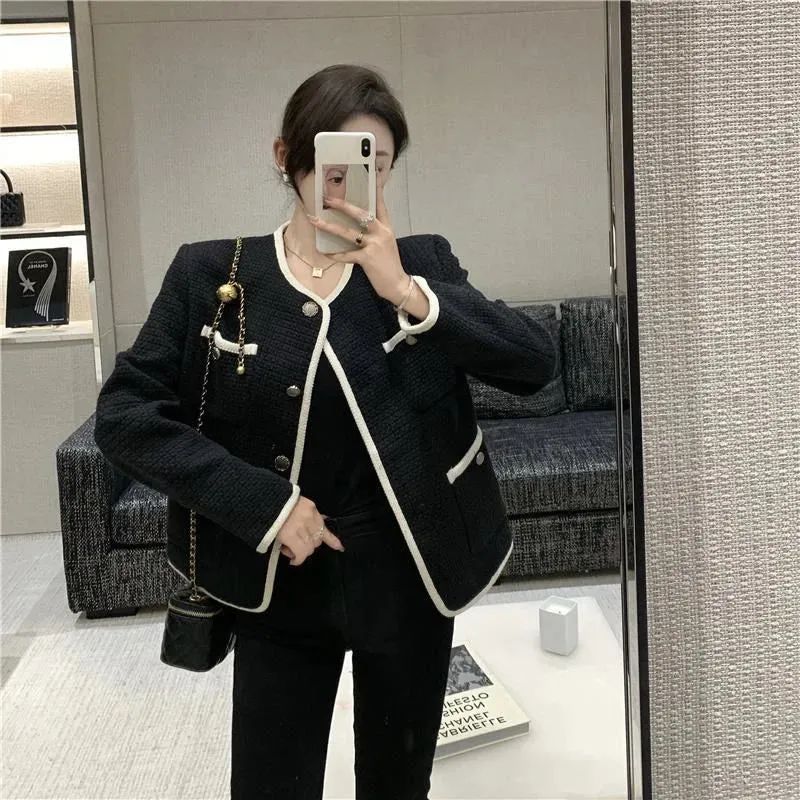 S-3Xl Elegant Tweed Jacket Women Black Cropped Quilted Coat Vintage Patchwork Outerwear Winter Ladies Commute Short Blazer