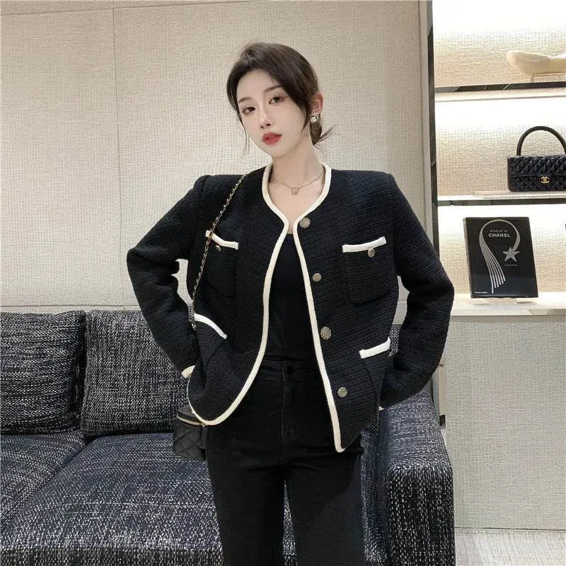 S-3Xl Elegant Tweed Jacket Women Black Cropped Quilted Coat Vintage Patchwork Outerwear Winter Ladies Commute Short Blazer