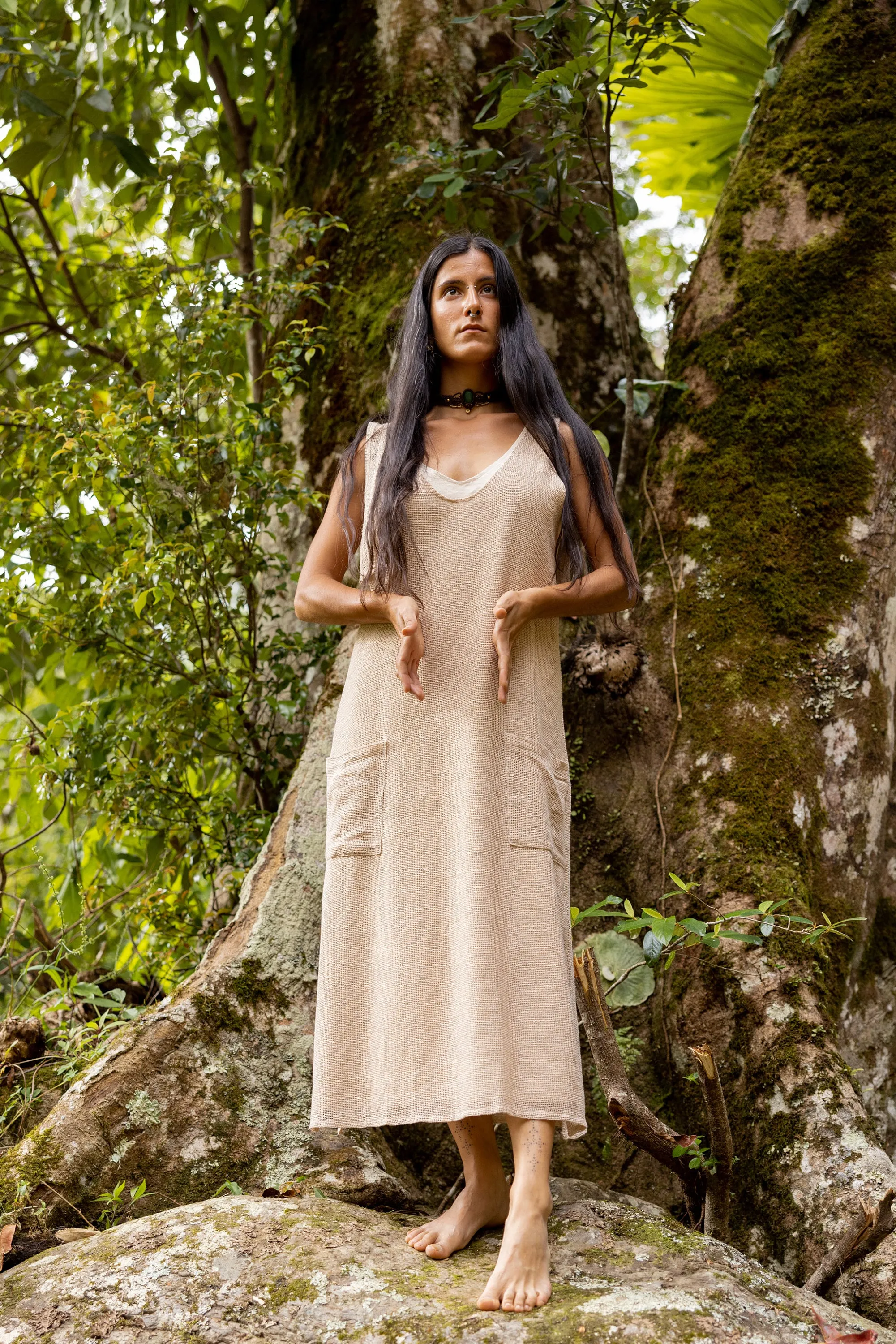 SAANUK Beige Maxi Cotton Dress Pockets Boho Peasant Bridesmaid Gypsy Earthy Bohemian Festival Ceremony Ritual Shamanic Sacred Simple AJJAYA