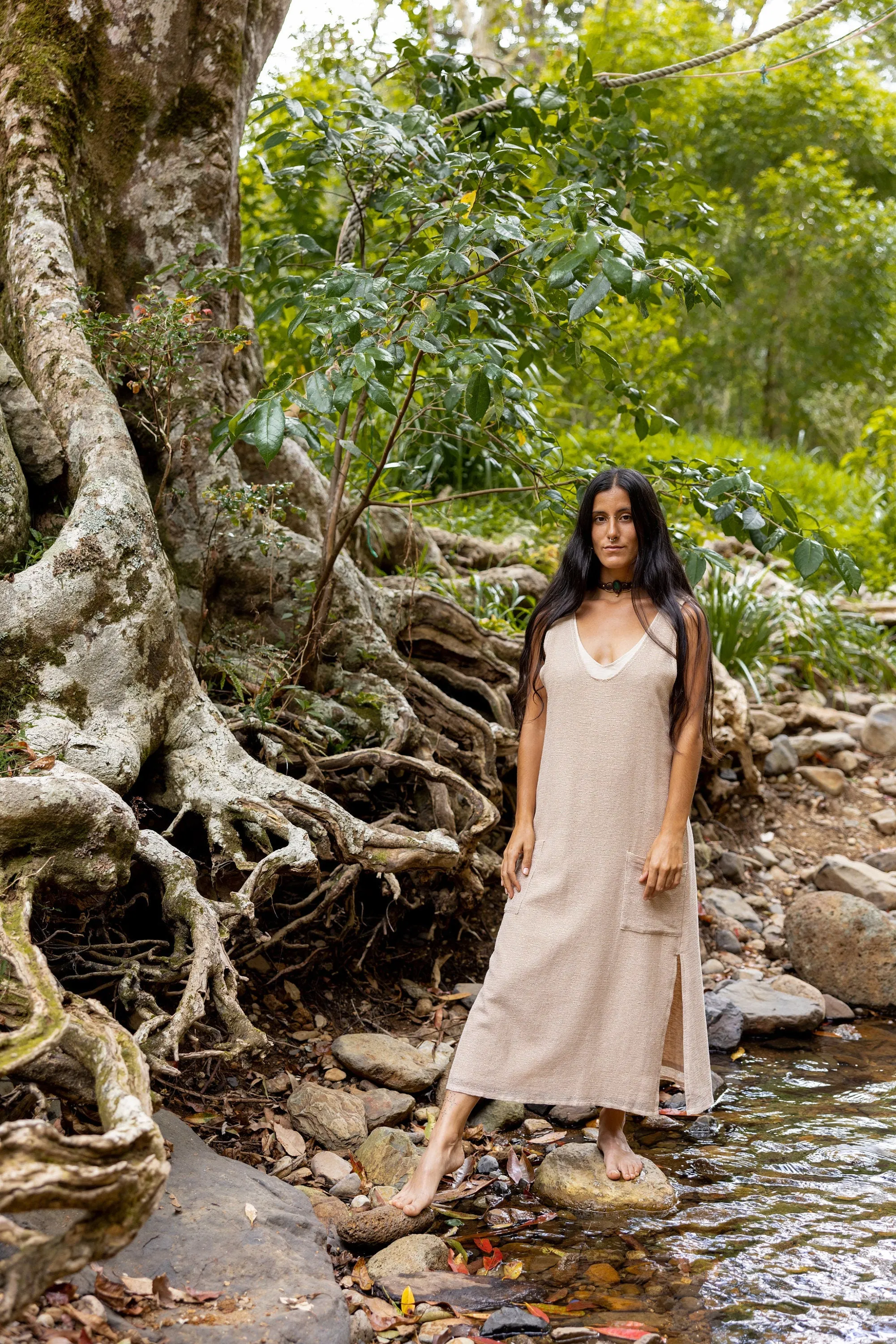 SAANUK Beige Maxi Cotton Dress Pockets Boho Peasant Bridesmaid Gypsy Earthy Bohemian Festival Ceremony Ritual Shamanic Sacred Simple AJJAYA